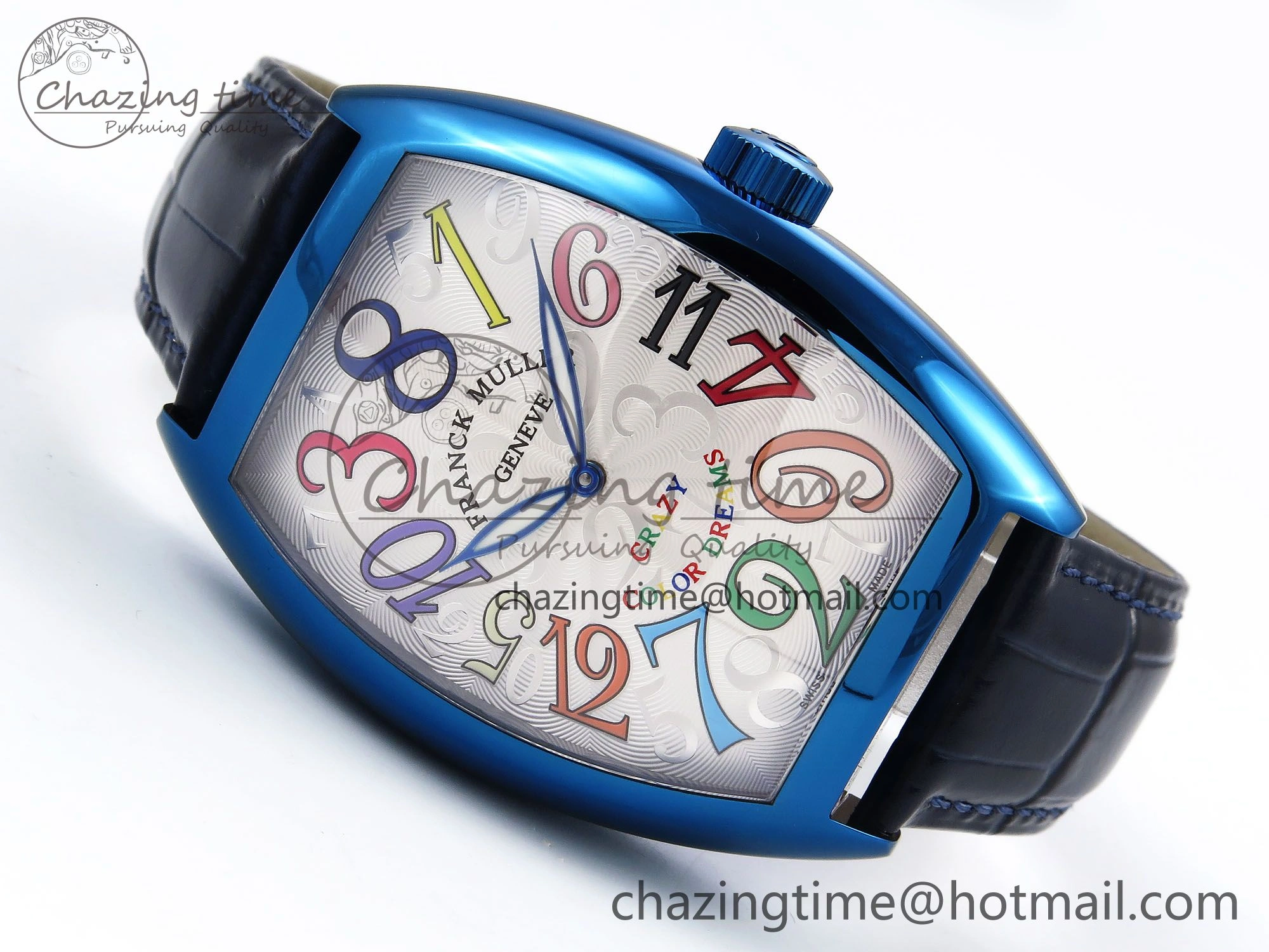 WrinkleFree Crazy Hours Blue PVD TWF Best Edition White Dial on Blue Leather Strap A23J 6494