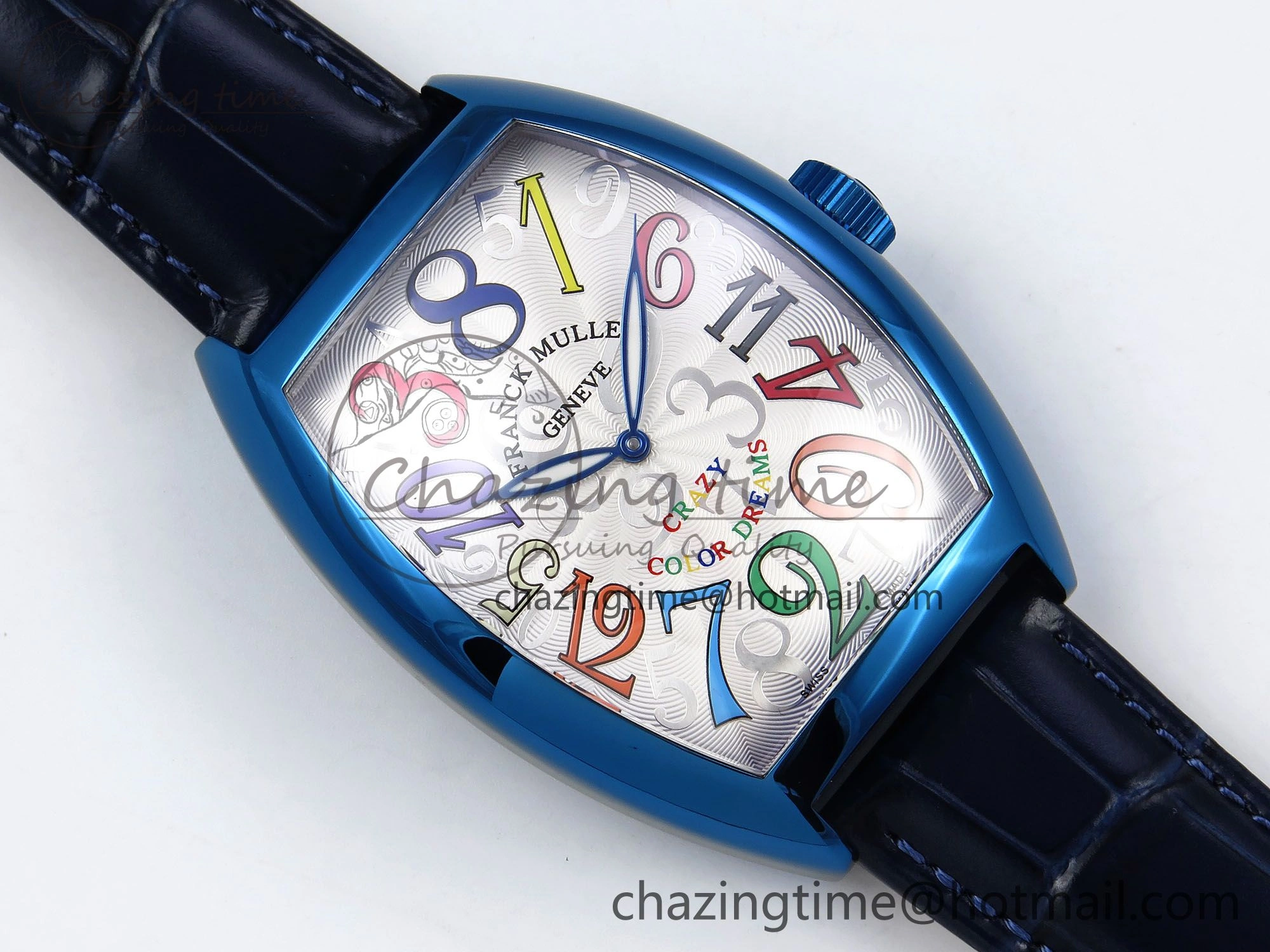 WrinkleFree Crazy Hours Blue PVD TWF Best Edition White Dial on Blue Leather Strap A23J 6494
