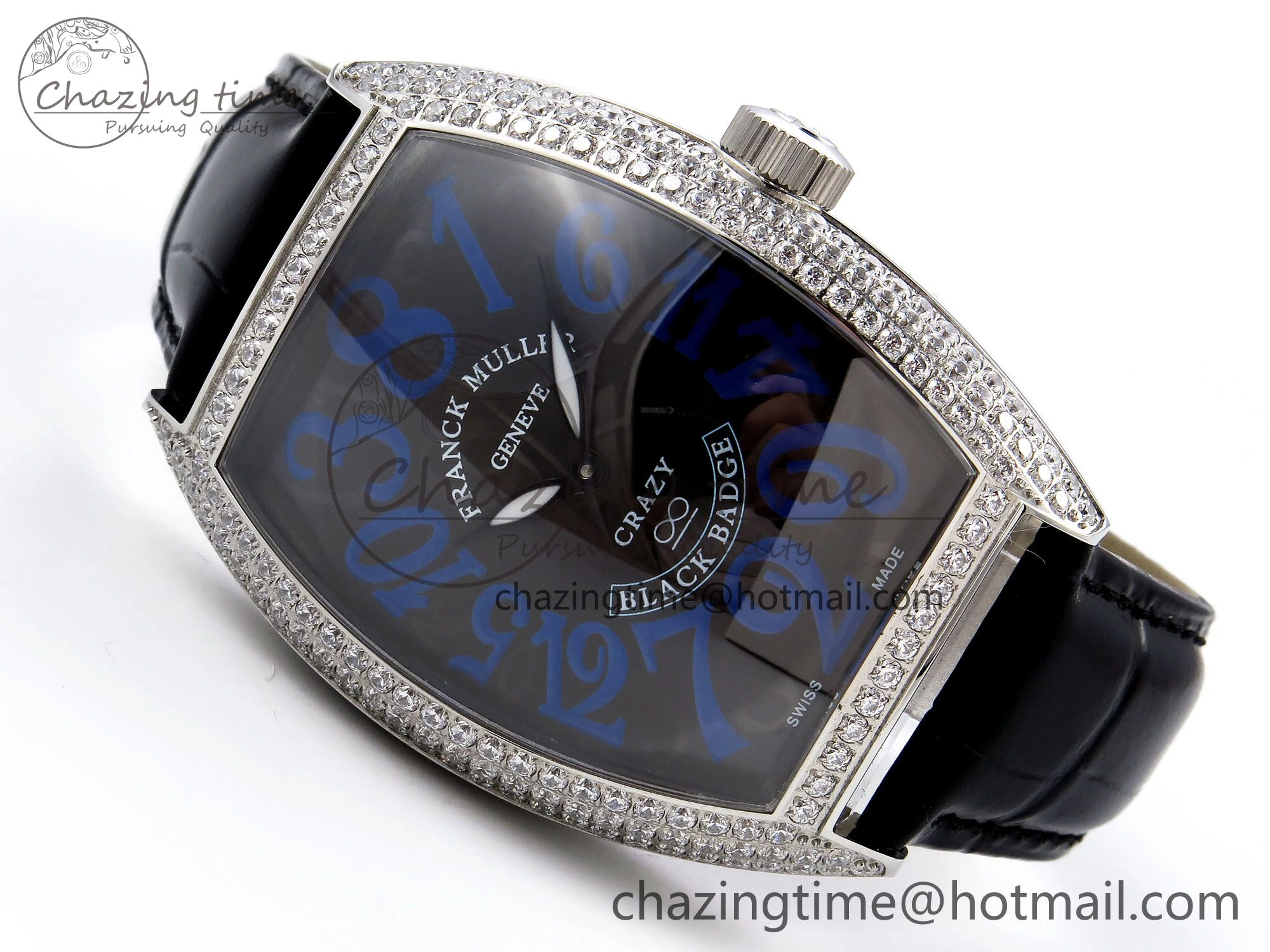 Neat Crazy Hours SS TWF Best Edition Gray Dial Diamonds Bezel on Black Leather Strap A23J 6490