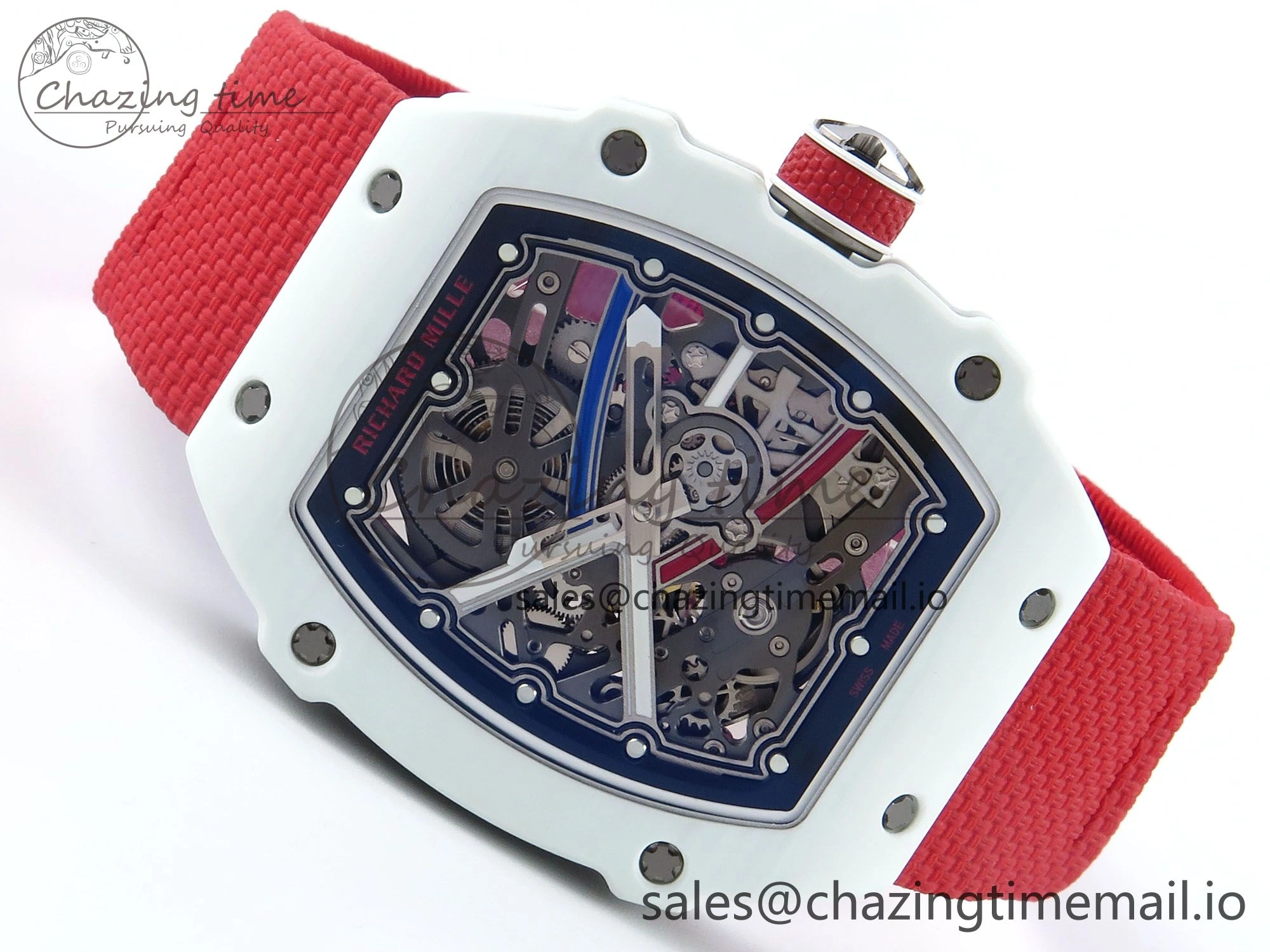 BestValue Custom Made RM67-02 White NTPT France Dial on Red Nylon strap CRMA7 Clone 10835