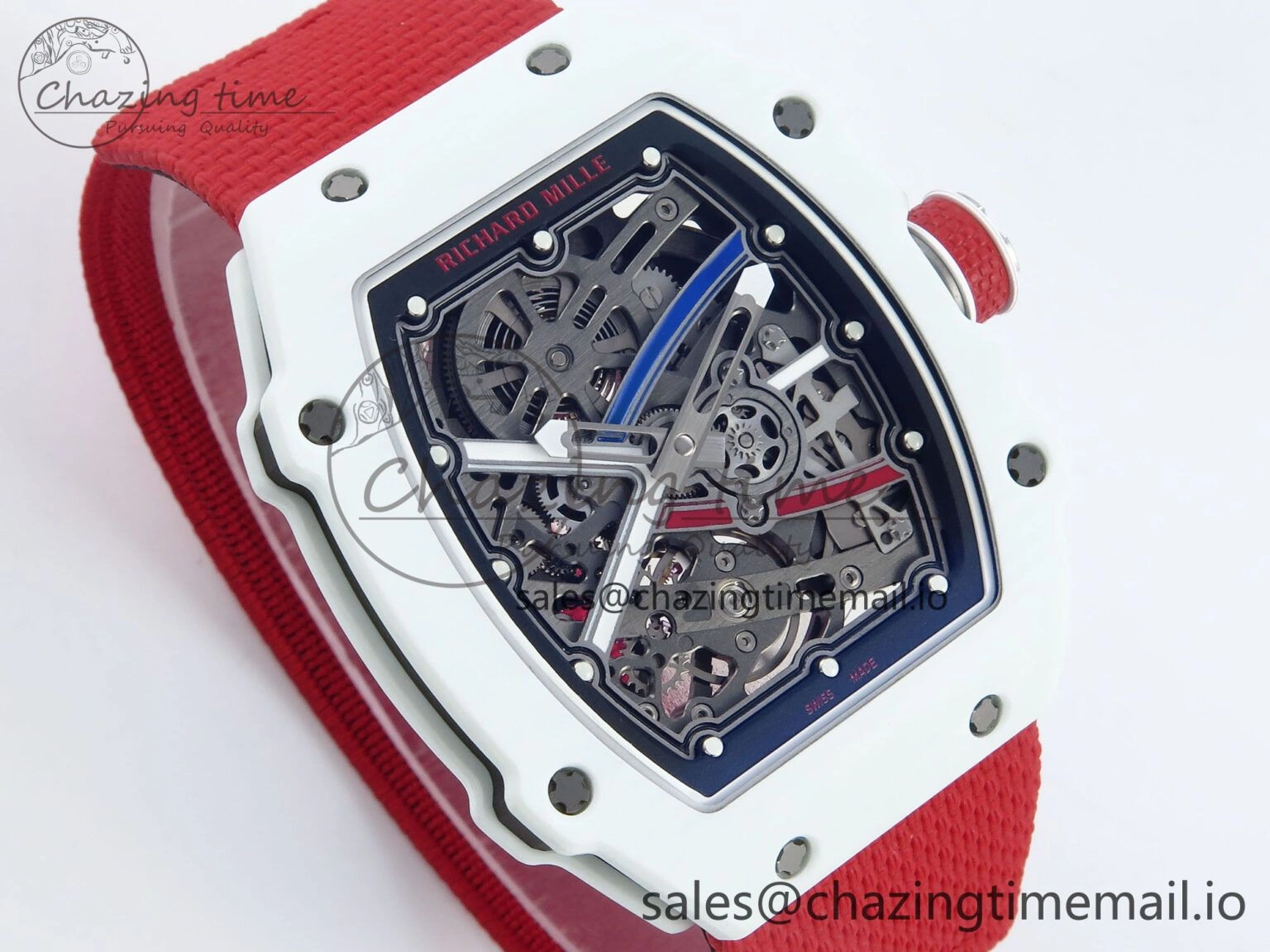 BestValue Custom Made RM67-02 White NTPT France Dial on Red Nylon strap CRMA7 Clone 10835