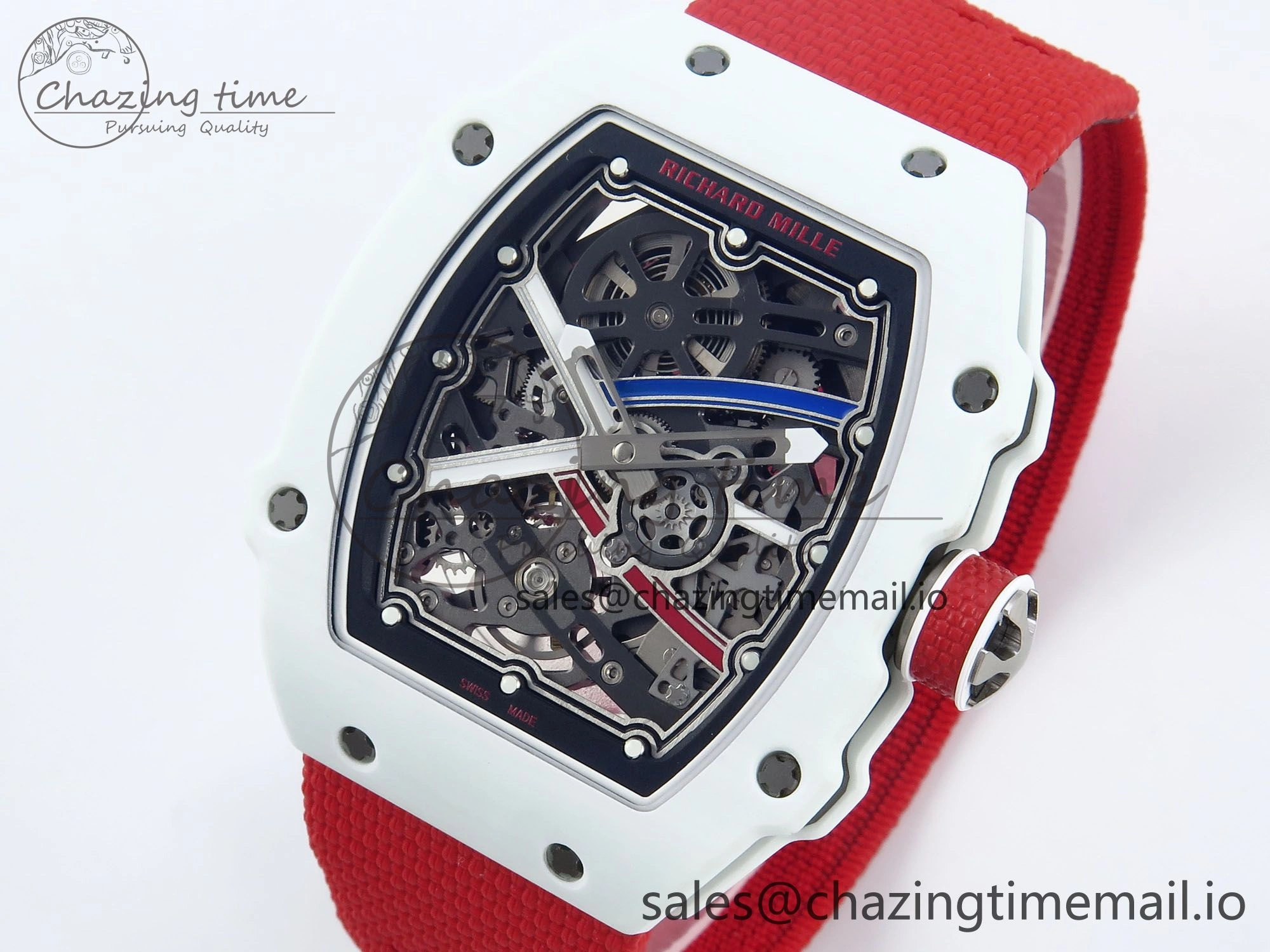 BestValue Custom Made RM67-02 White NTPT France Dial on Red Nylon strap CRMA7 Clone 10835
