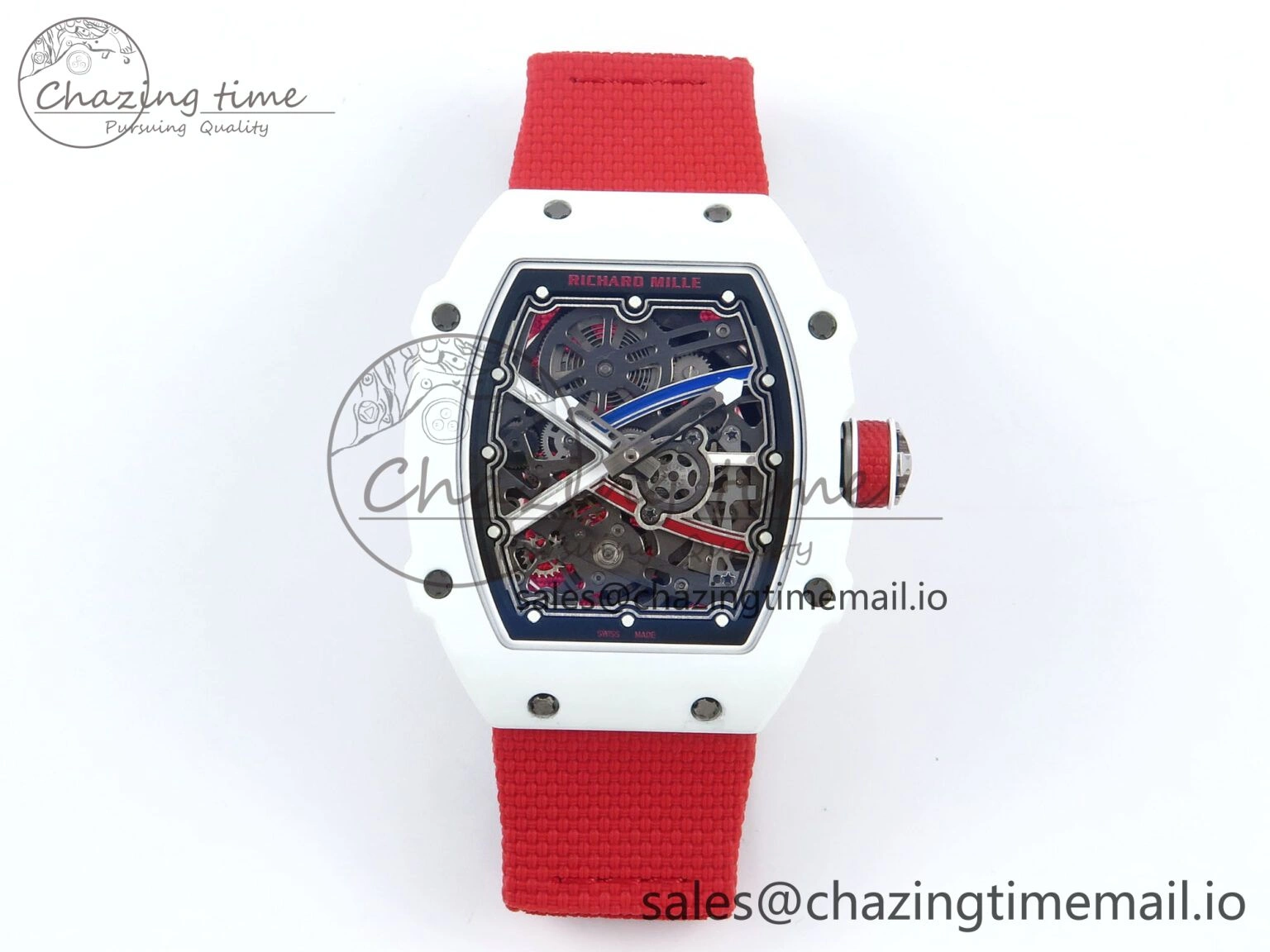BestValue Custom Made RM67-02 White NTPT France Dial on Red Nylon strap CRMA7 Clone 10835