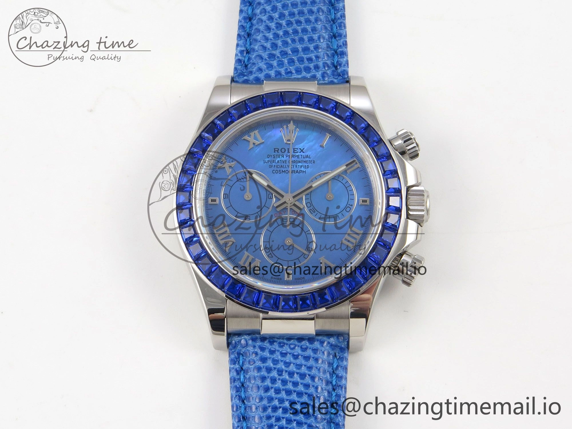 Unique Custom Modded Daytona 40mm MPF Blue Dial Diamonds Bezel on Blue Leather Strap SA 322