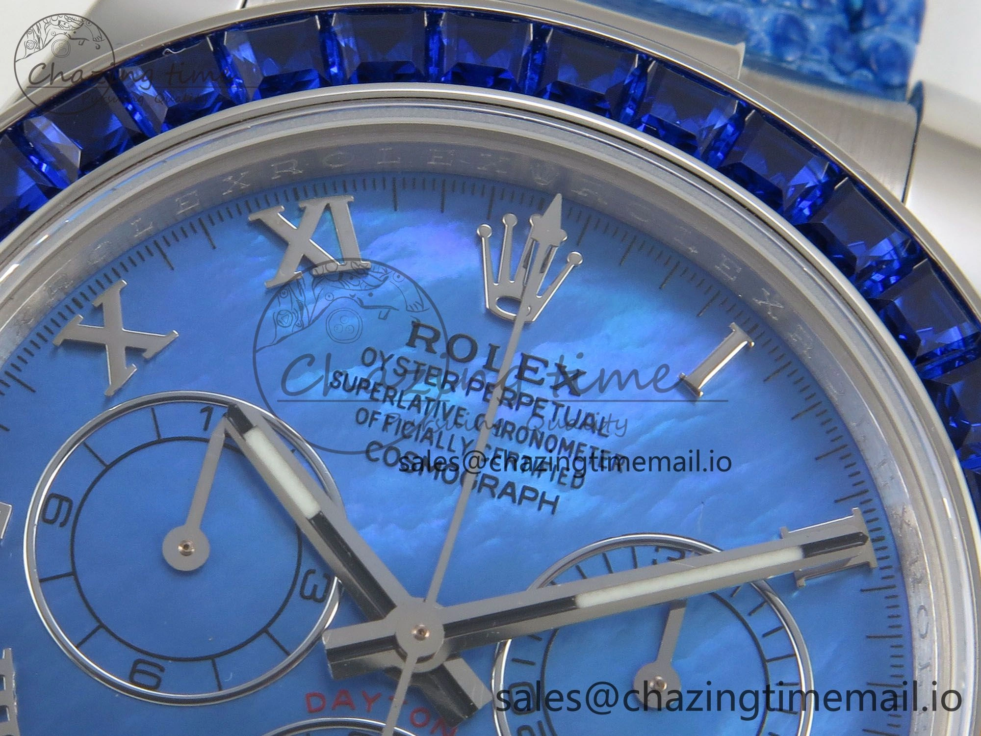 Unique Custom Modded Daytona 40mm MPF Blue Dial Diamonds Bezel on Blue Leather Strap SA 322