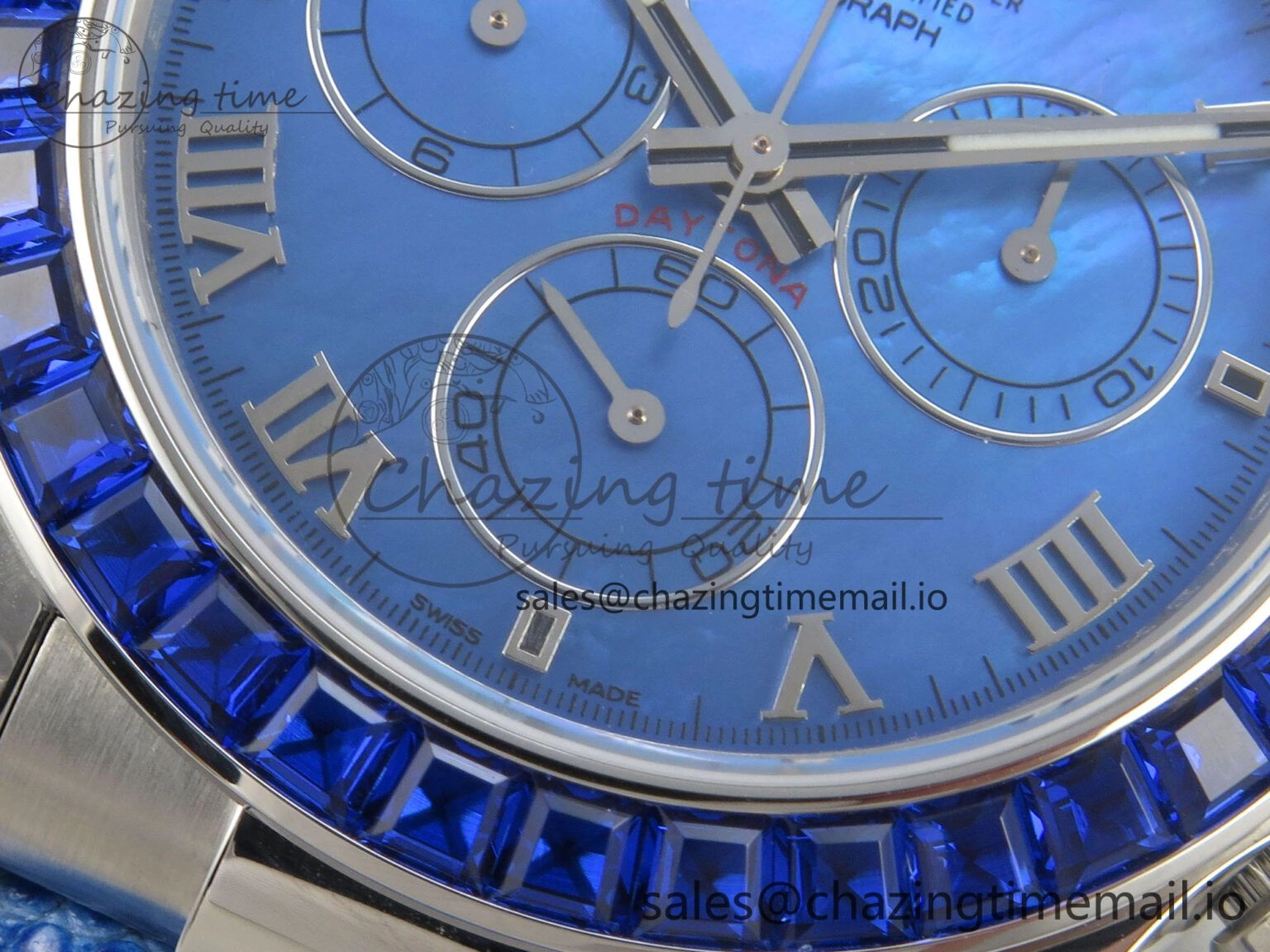 Unique Custom Modded Daytona 40mm MPF Blue Dial Diamonds Bezel on Blue Leather Strap SA 322
