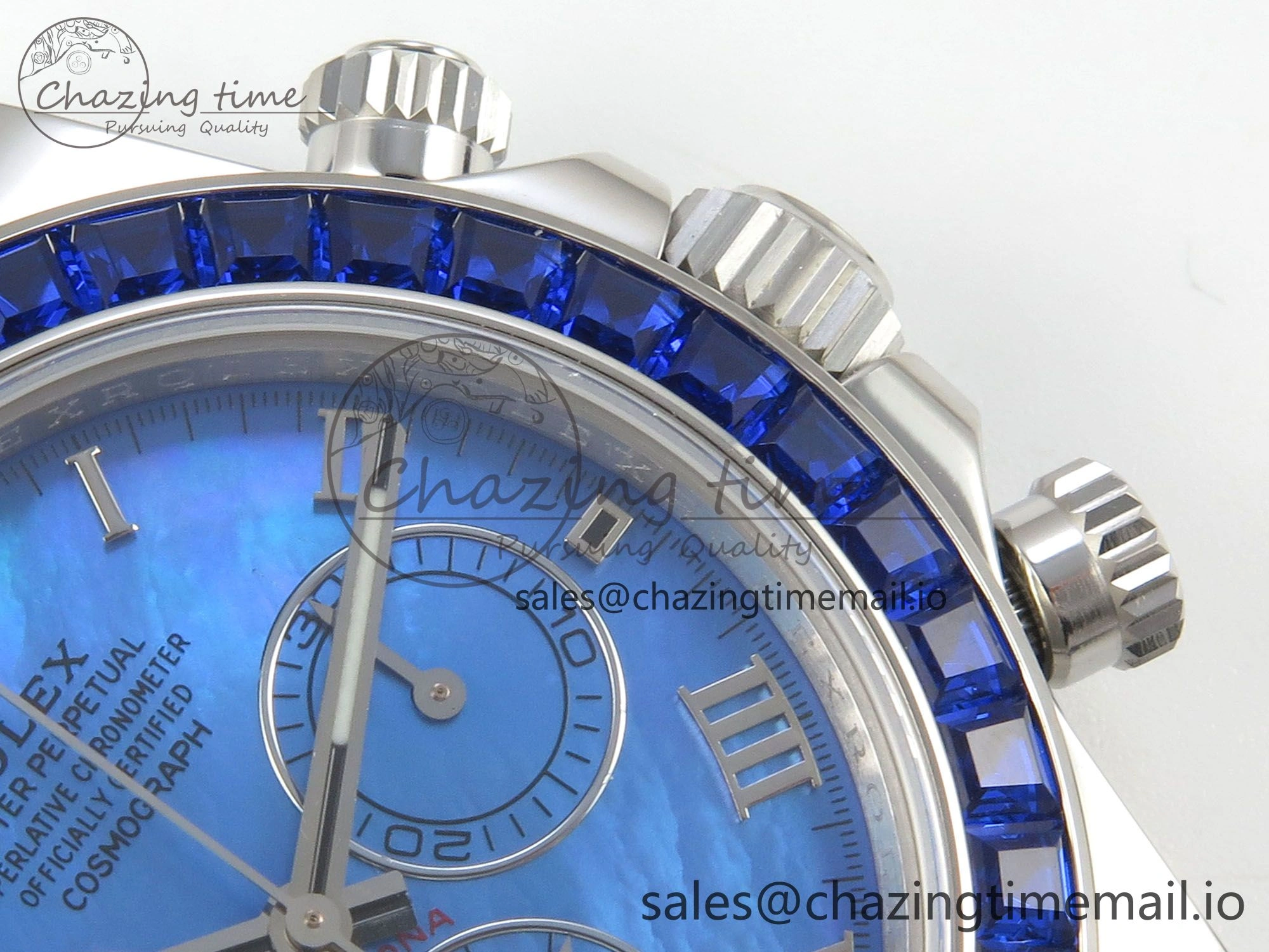 Unique Custom Modded Daytona 40mm MPF Blue Dial Diamonds Bezel on Blue Leather Strap SA 322