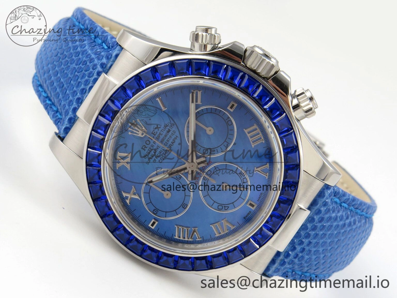 Unique Custom Modded Daytona 40mm MPF Blue Dial Diamonds Bezel on Blue Leather Strap SA 322