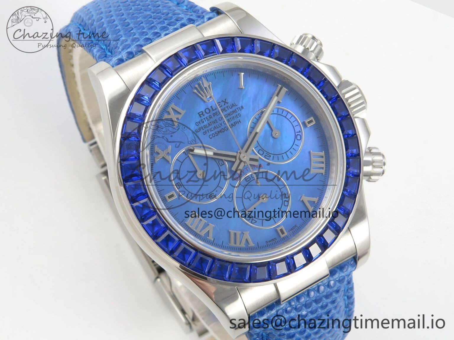 Unique Custom Modded Daytona 40mm MPF Blue Dial Diamonds Bezel on Blue Leather Strap SA 322
