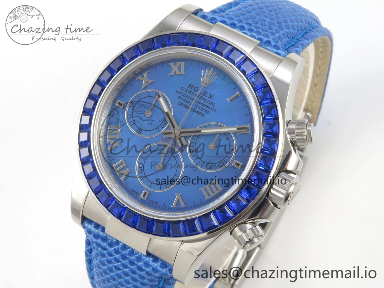 Unique Custom Modded Daytona 40mm MPF Blue Dial Diamonds Bezel on Blue Leather Strap SA 322