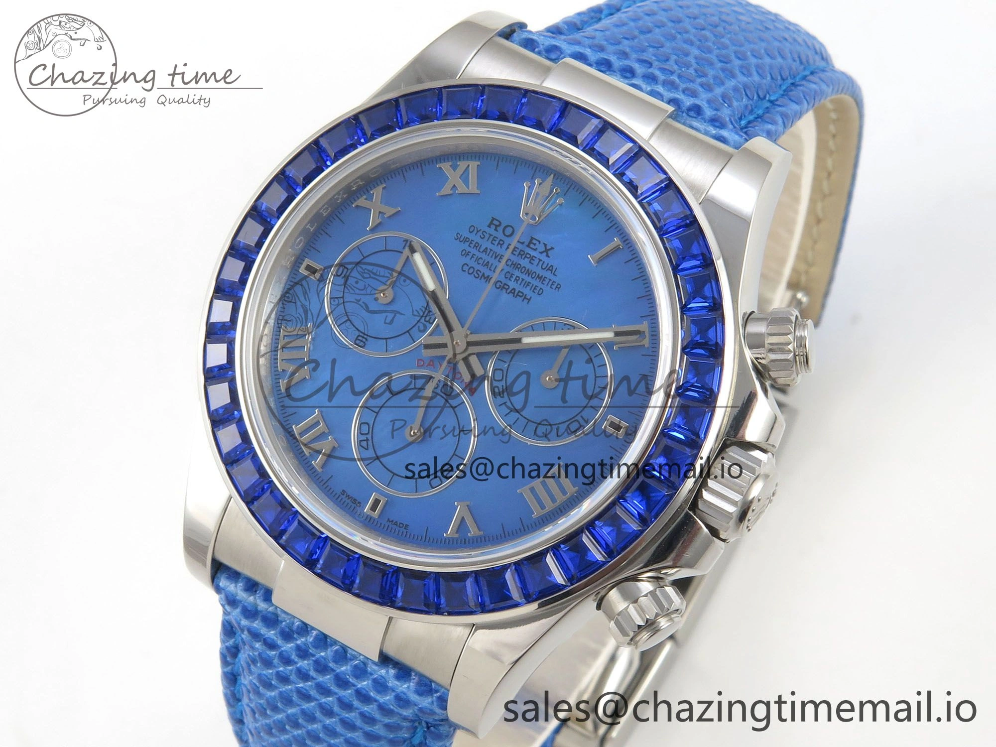 Unique Custom Modded Daytona 40mm MPF Blue Dial Diamonds Bezel on Blue Leather Strap SA 322