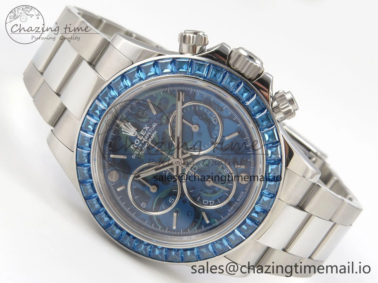 Custom Modded Daytona 40mm MPF Blue Skeleton Dial Blue Crystal Bezel on SS Bracelet SA Practical 308