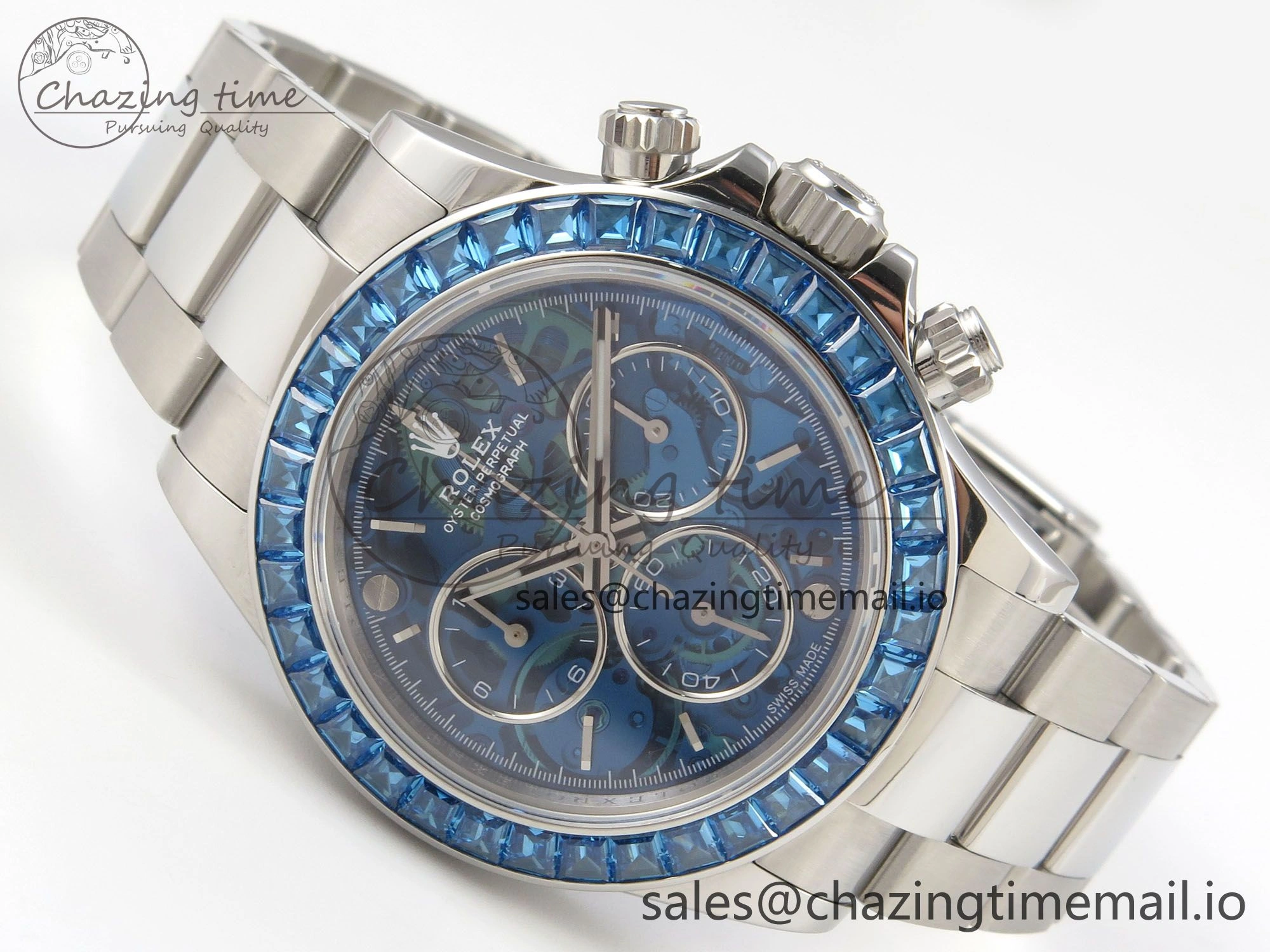 Custom Modded Daytona 40mm MPF Blue Skeleton Dial Blue Crystal Bezel on SS Bracelet SA Practical 308