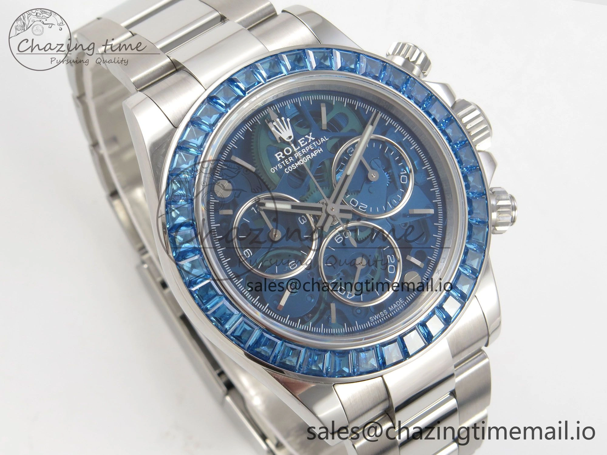 Custom Modded Daytona 40mm MPF Blue Skeleton Dial Blue Crystal Bezel on SS Bracelet SA Practical 308