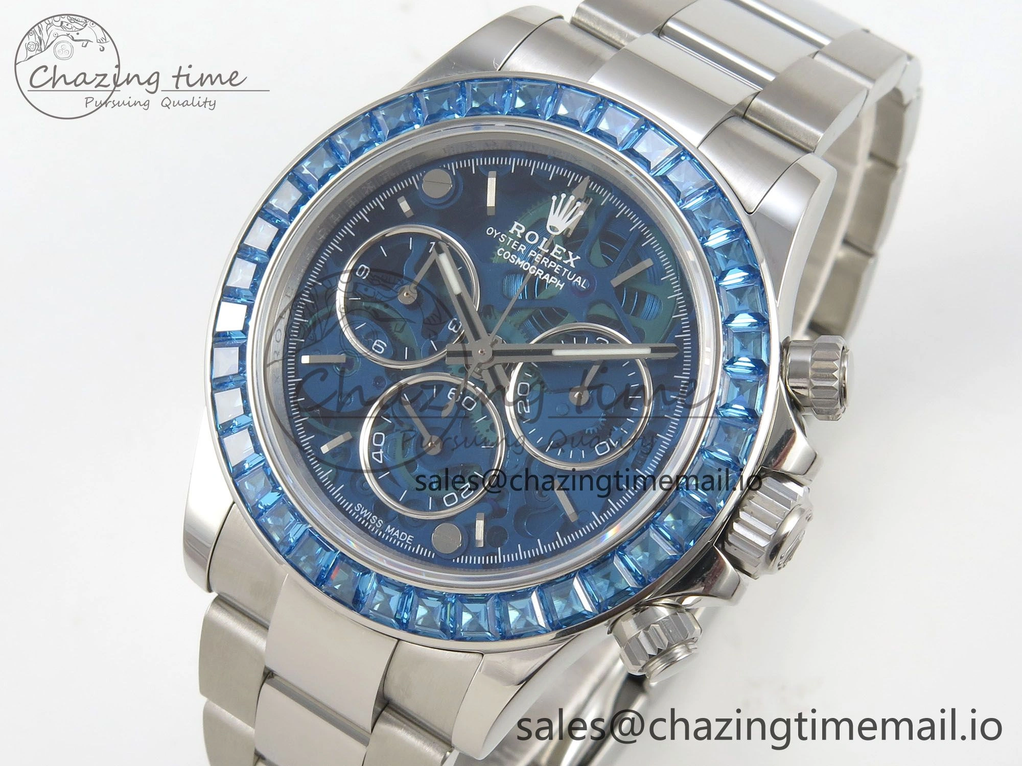 Custom Modded Daytona 40mm MPF Blue Skeleton Dial Blue Crystal Bezel on SS Bracelet SA Practical 308
