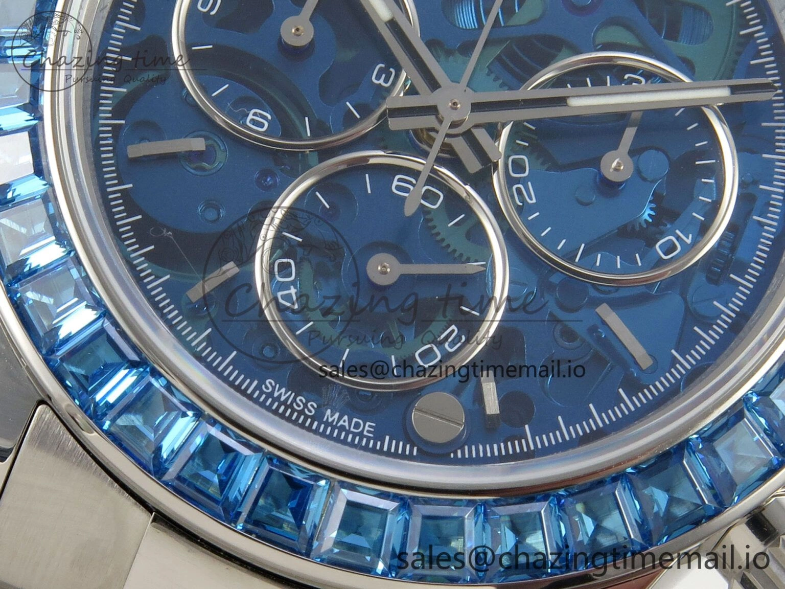 Custom Modded Daytona 40mm MPF Blue Skeleton Dial Blue Crystal Bezel on SS Bracelet SA Practical 308
