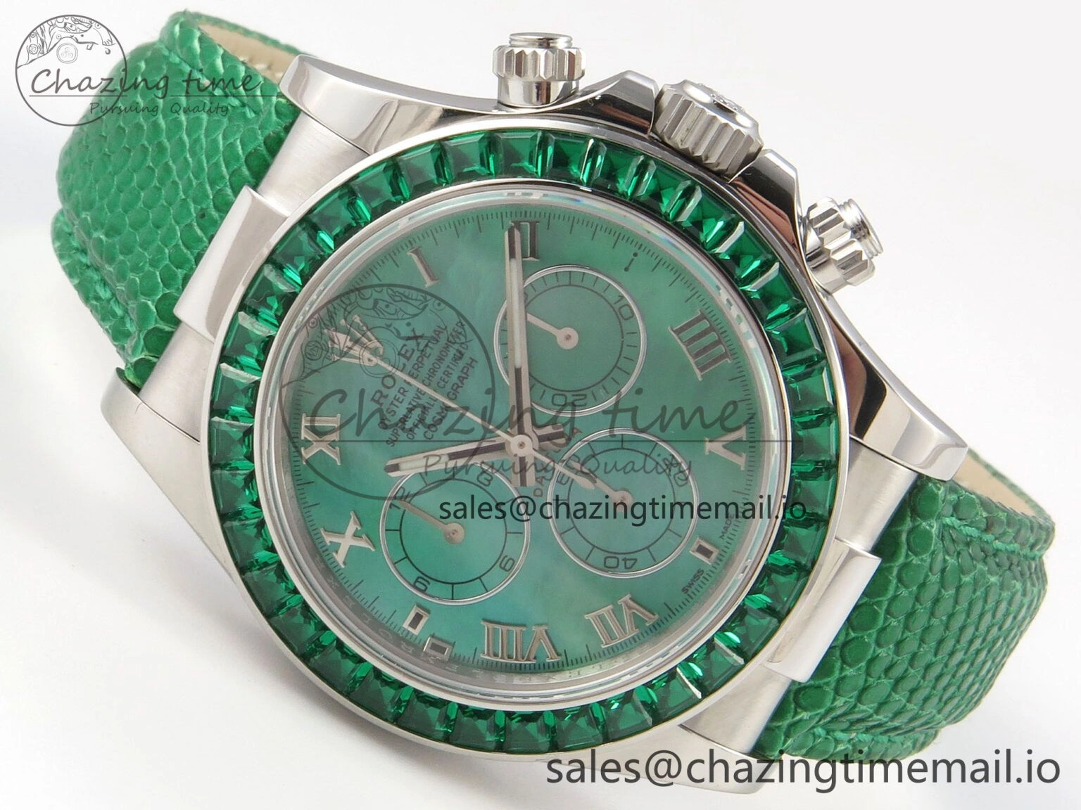 Custom Modded Daytona 40mm MPF Green Dial Diamonds Bezel on Green Leather Strap SA Trendsetting 326
