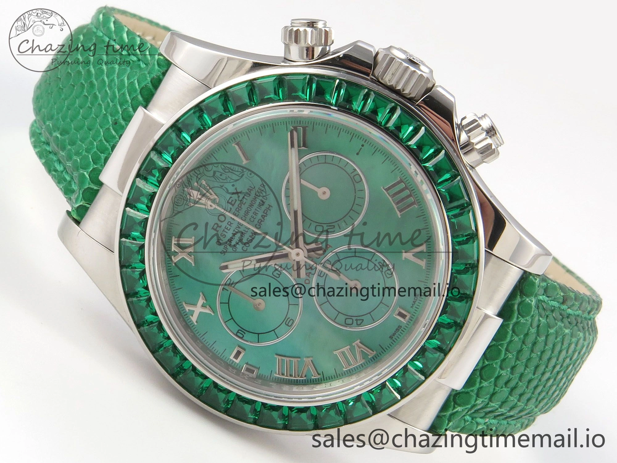 Custom Modded Daytona 40mm MPF Green Dial Diamonds Bezel on Green Leather Strap SA Trendsetting 326