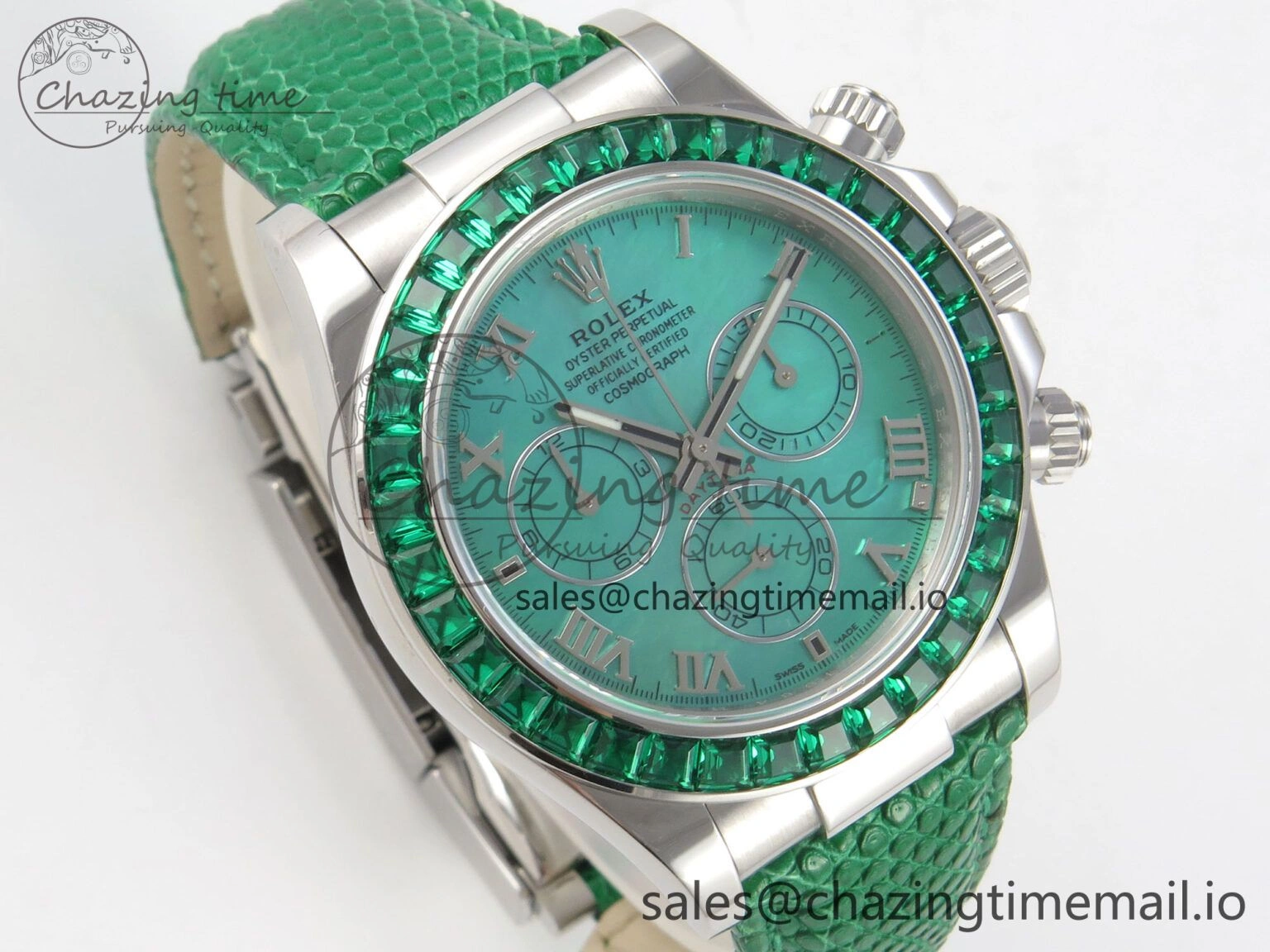 Custom Modded Daytona 40mm MPF Green Dial Diamonds Bezel on Green Leather Strap SA Trendsetting 326