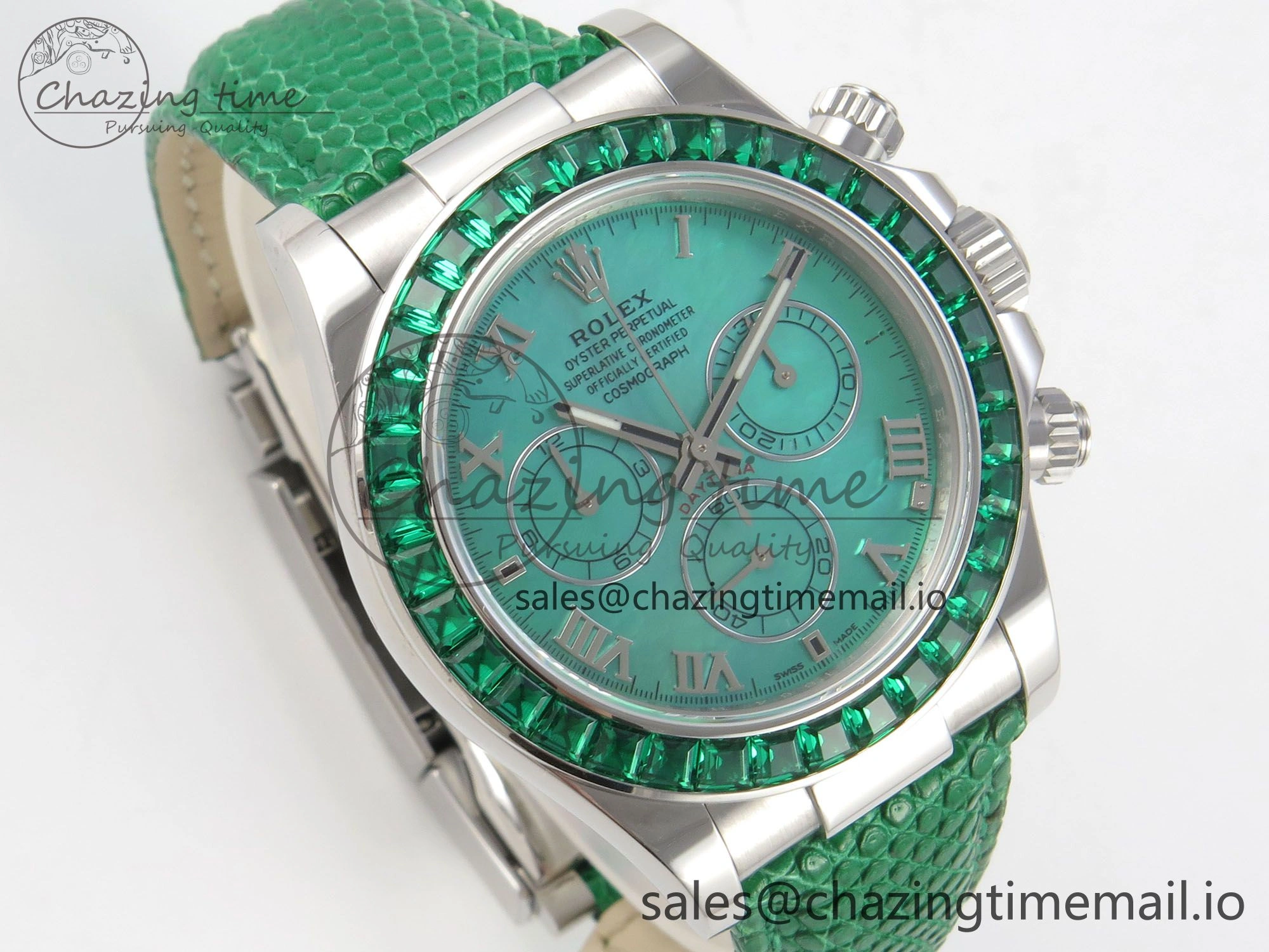 Custom Modded Daytona 40mm MPF Green Dial Diamonds Bezel on Green Leather Strap SA Trendsetting 326