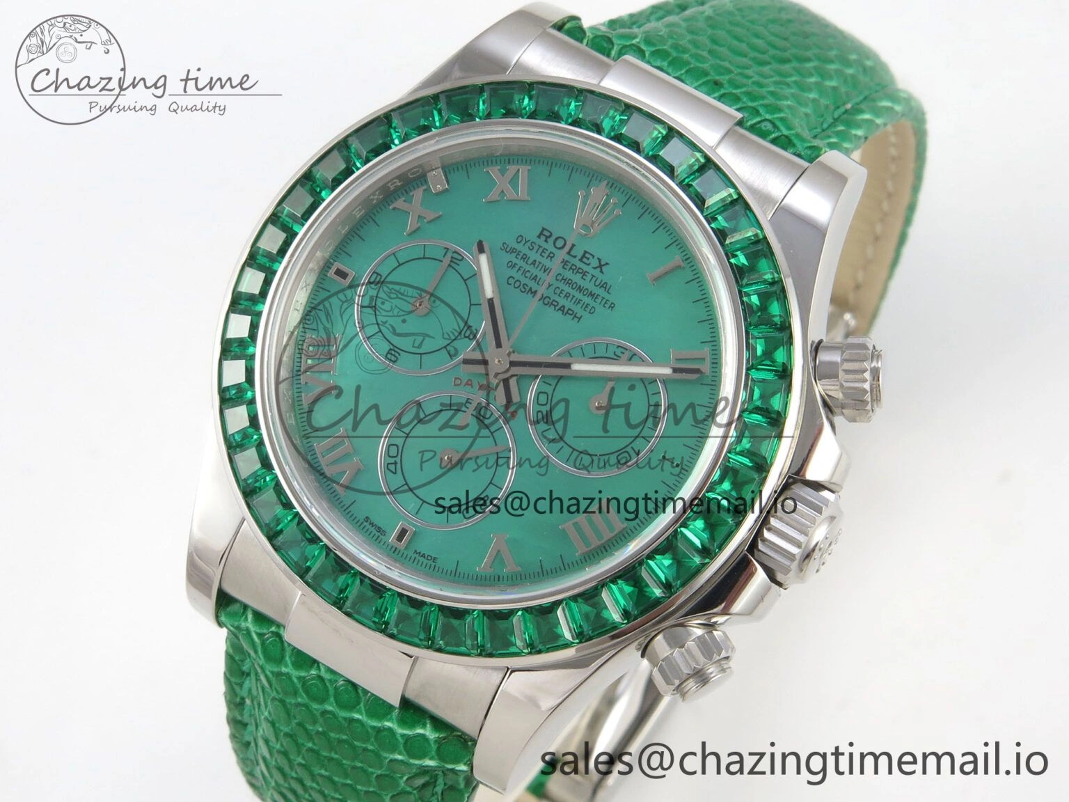 Custom Modded Daytona 40mm MPF Green Dial Diamonds Bezel on Green Leather Strap SA Trendsetting 326