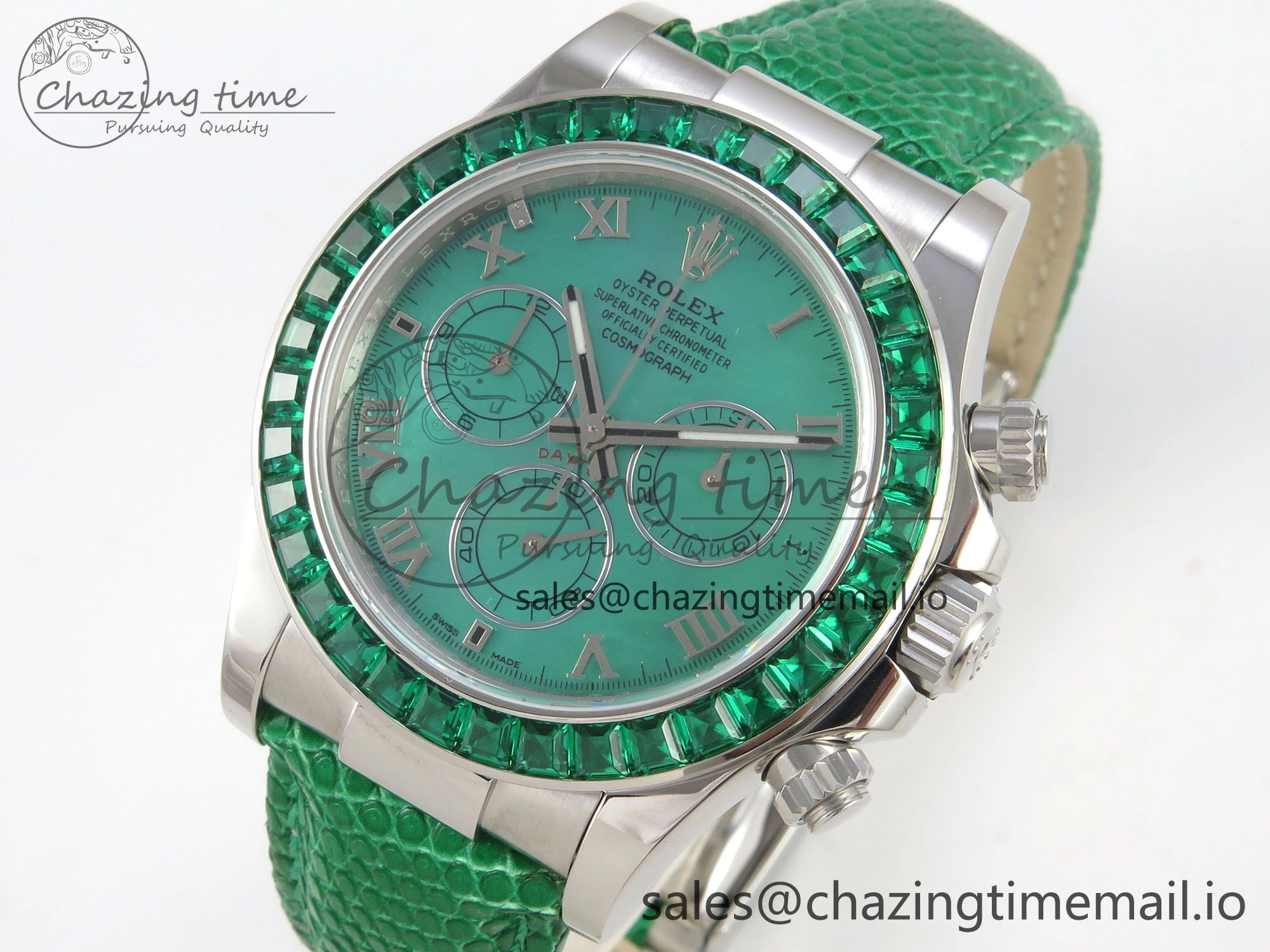 Custom Modded Daytona 40mm MPF Green Dial Diamonds Bezel on Green Leather Strap SA Trendsetting 326