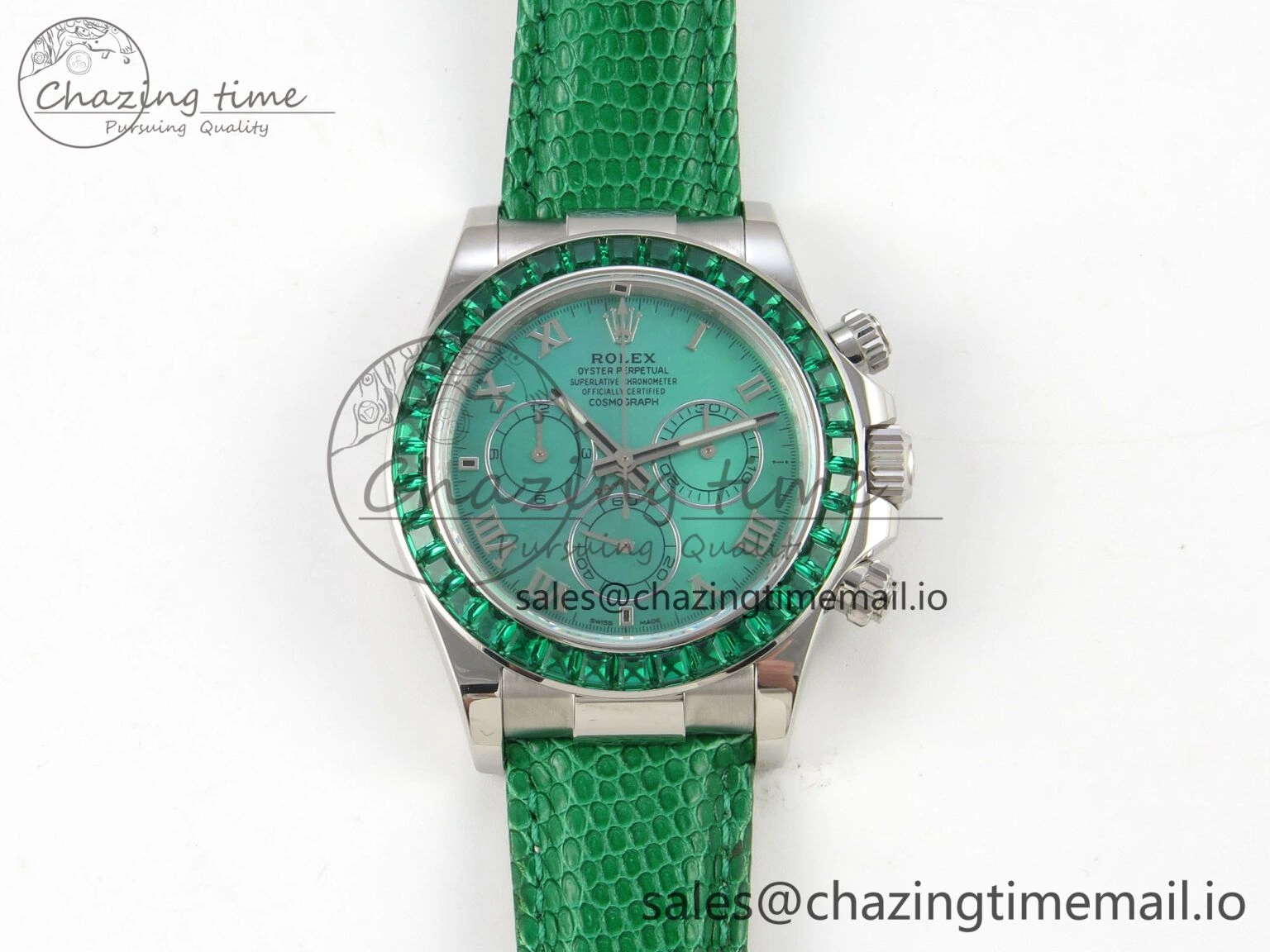Custom Modded Daytona 40mm MPF Green Dial Diamonds Bezel on Green Leather Strap SA Trendsetting 326