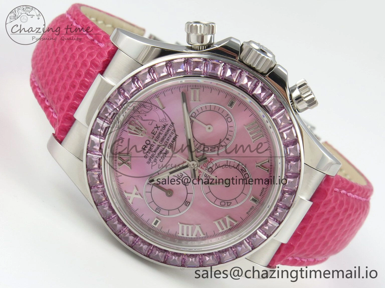 Unique Custom Modded Daytona 40mm MPF Pink Dial Diamonds Bezel on Pink Leather Strap SA 319