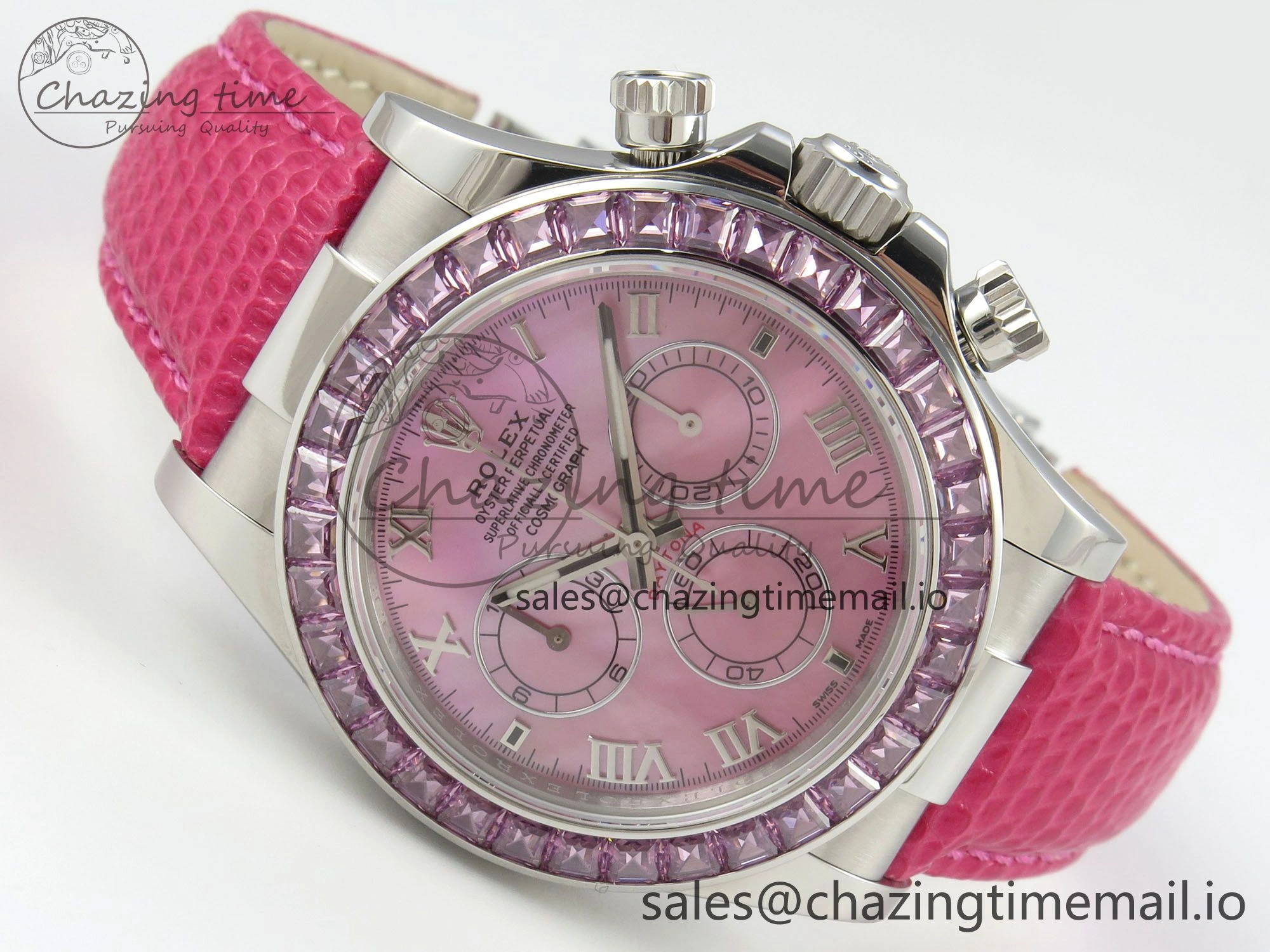 Unique Custom Modded Daytona 40mm MPF Pink Dial Diamonds Bezel on Pink Leather Strap SA 319