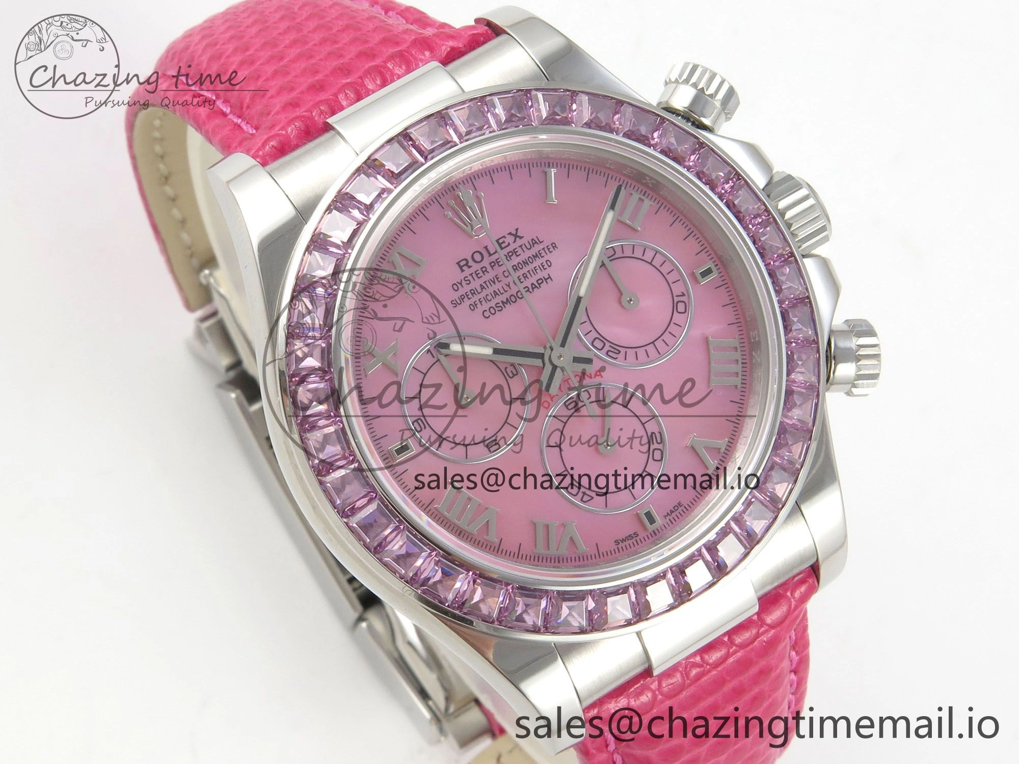 Unique Custom Modded Daytona 40mm MPF Pink Dial Diamonds Bezel on Pink Leather Strap SA 319