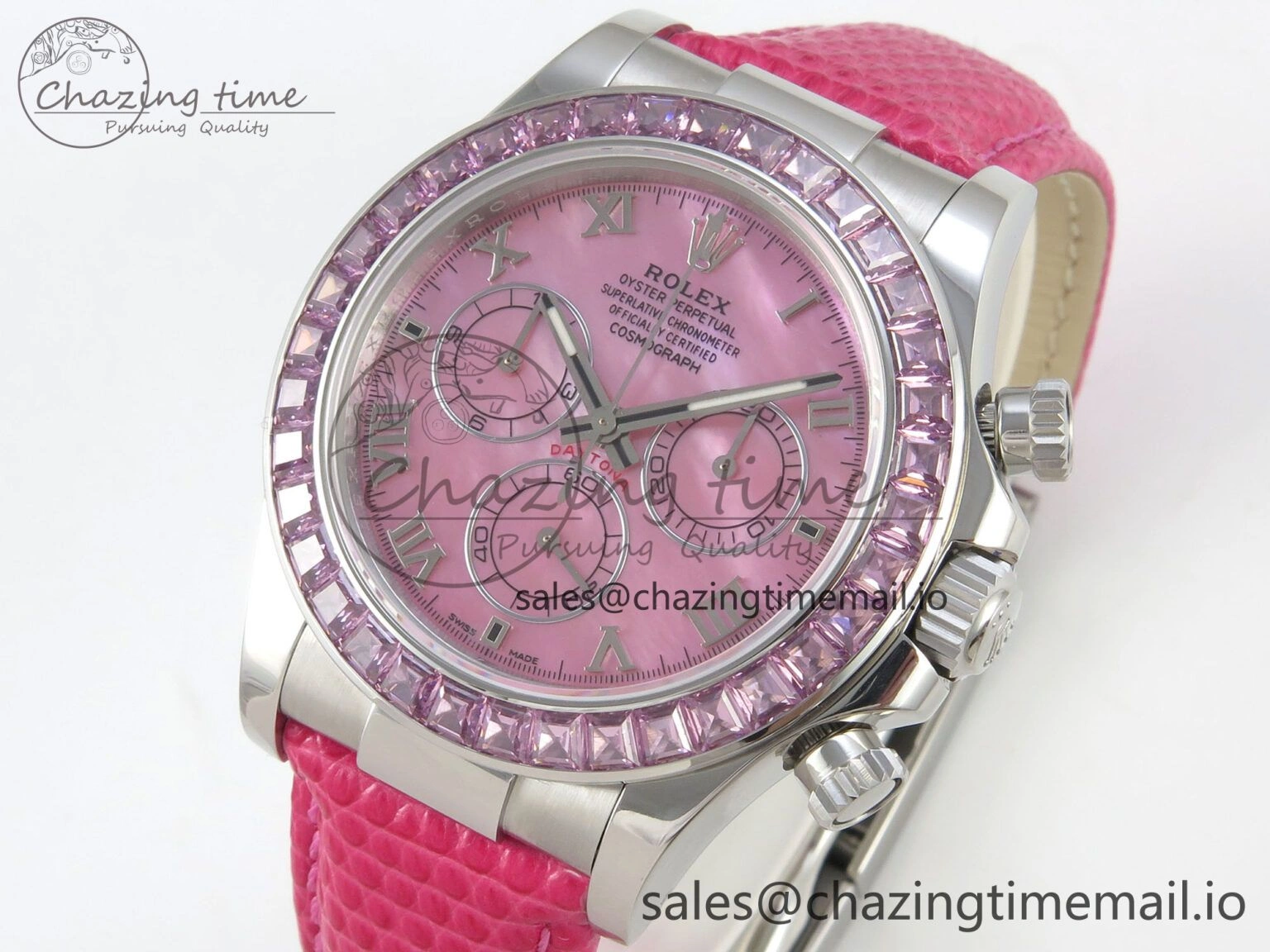 Unique Custom Modded Daytona 40mm MPF Pink Dial Diamonds Bezel on Pink Leather Strap SA 319