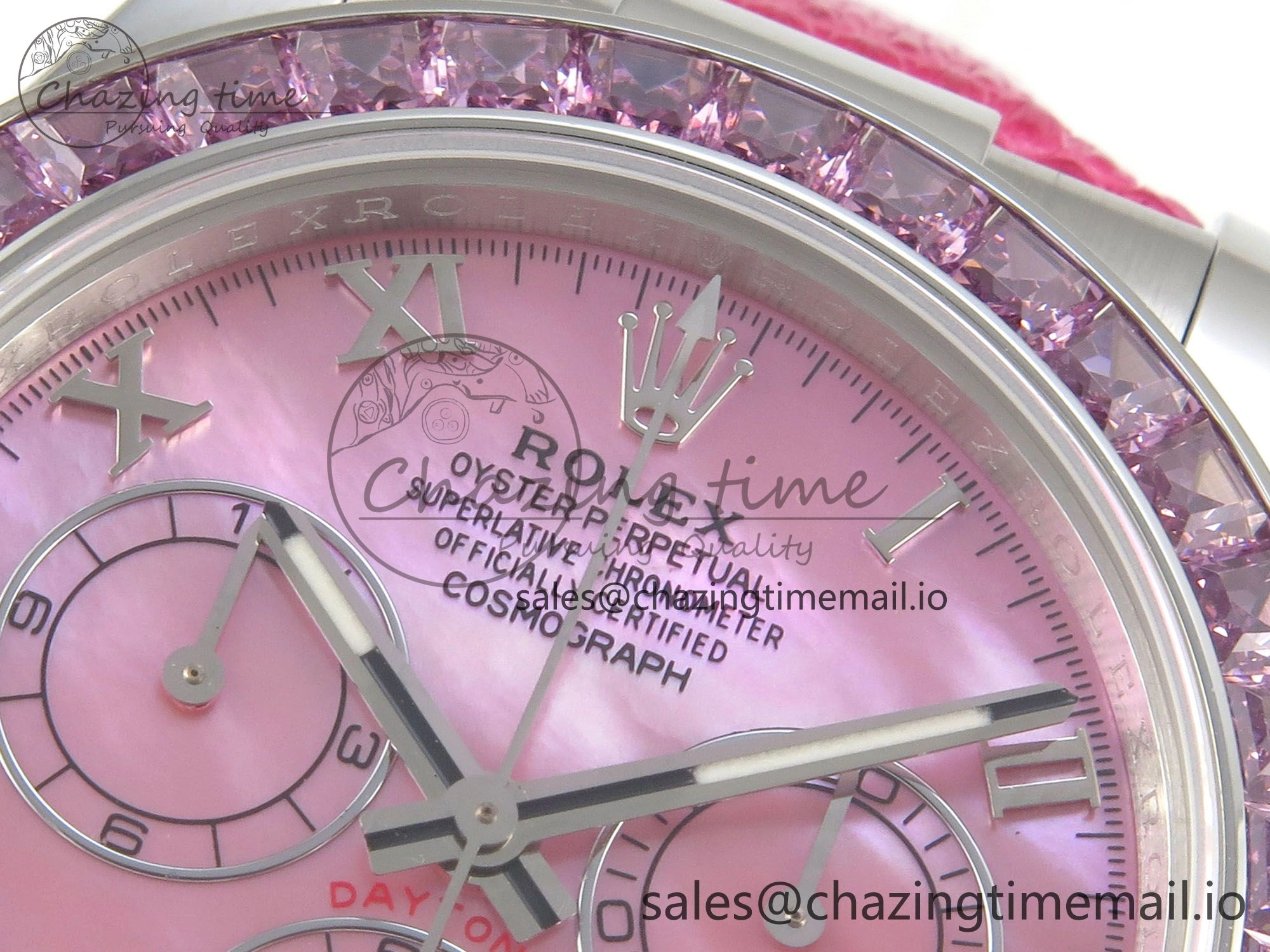 Unique Custom Modded Daytona 40mm MPF Pink Dial Diamonds Bezel on Pink Leather Strap SA 319