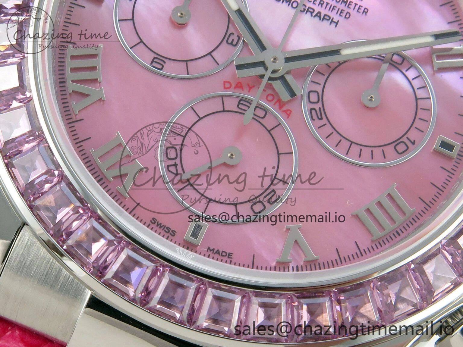 Unique Custom Modded Daytona 40mm MPF Pink Dial Diamonds Bezel on Pink Leather Strap SA 319