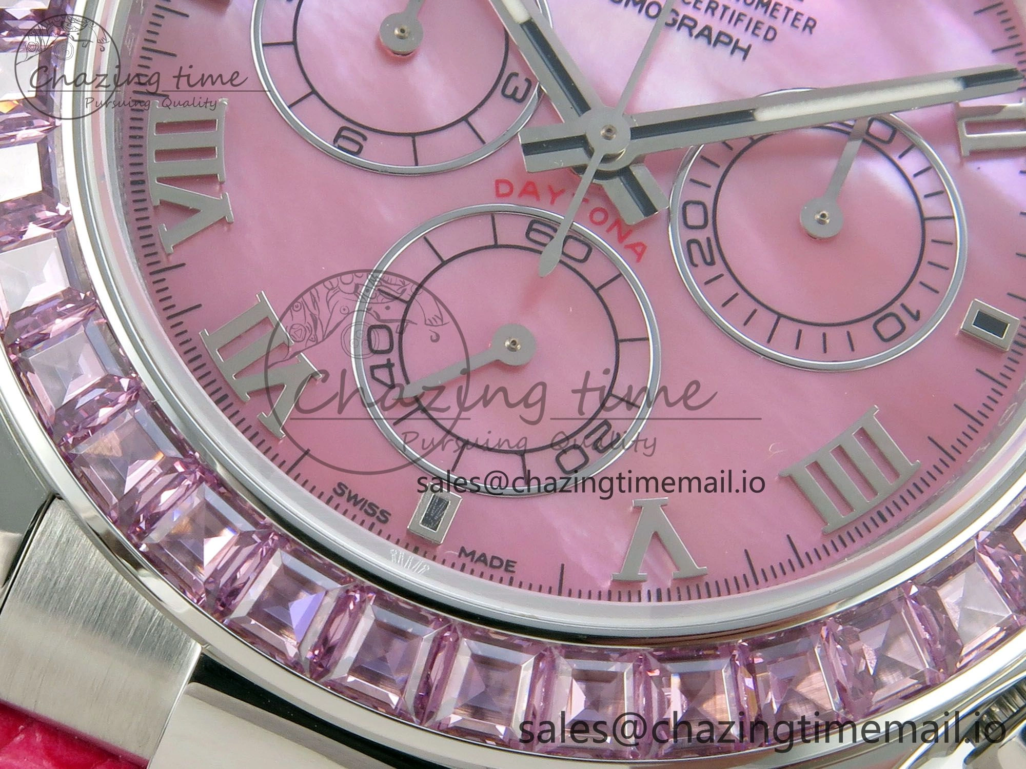 Unique Custom Modded Daytona 40mm MPF Pink Dial Diamonds Bezel on Pink Leather Strap SA 319