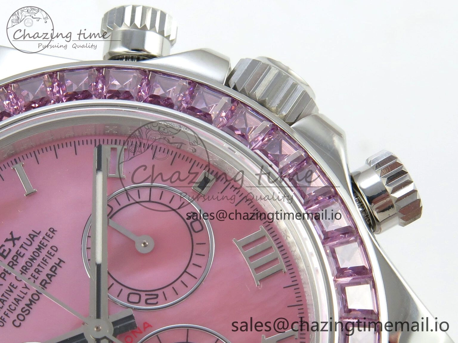 Unique Custom Modded Daytona 40mm MPF Pink Dial Diamonds Bezel on Pink Leather Strap SA 319
