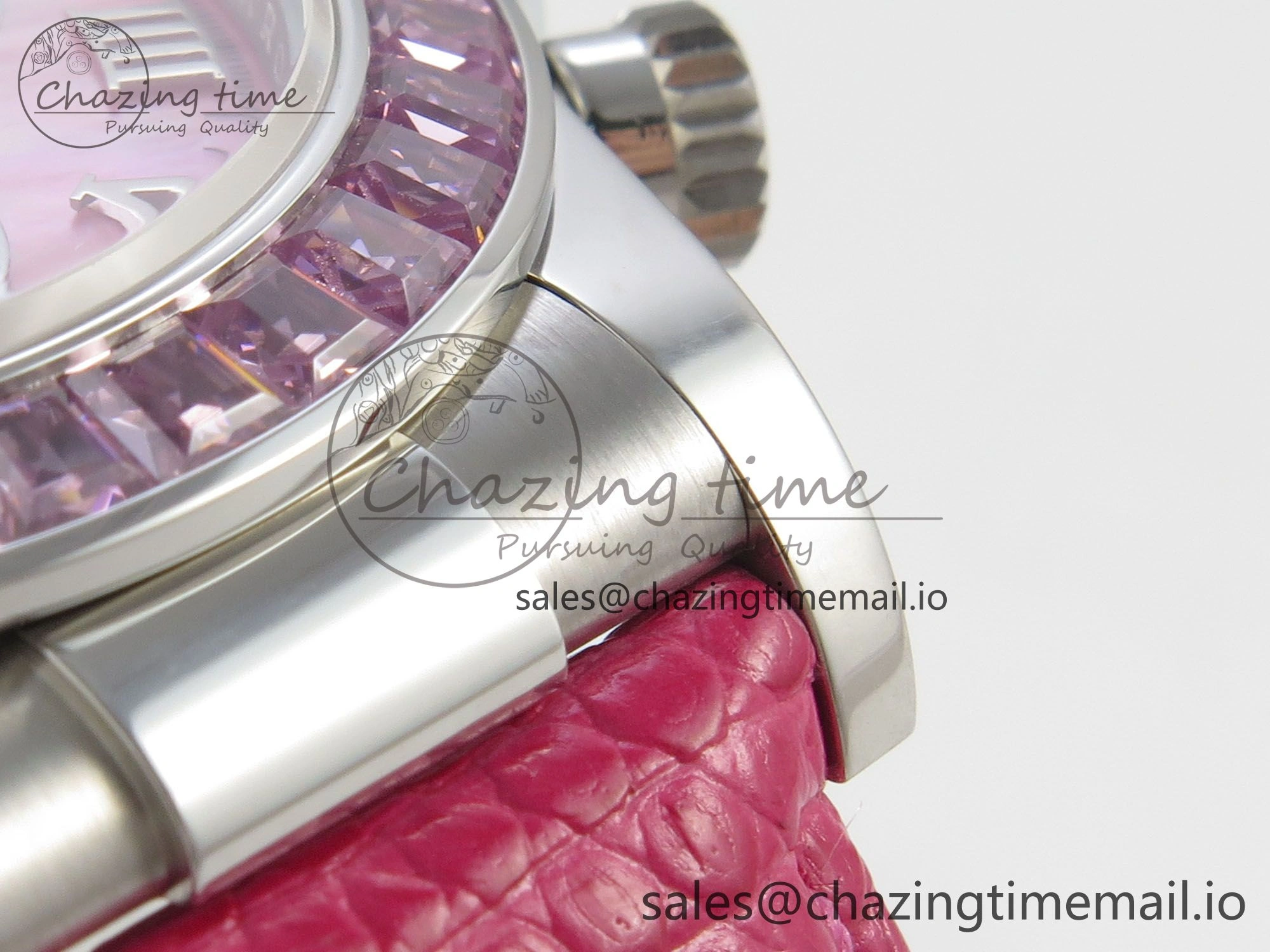 Unique Custom Modded Daytona 40mm MPF Pink Dial Diamonds Bezel on Pink Leather Strap SA 319
