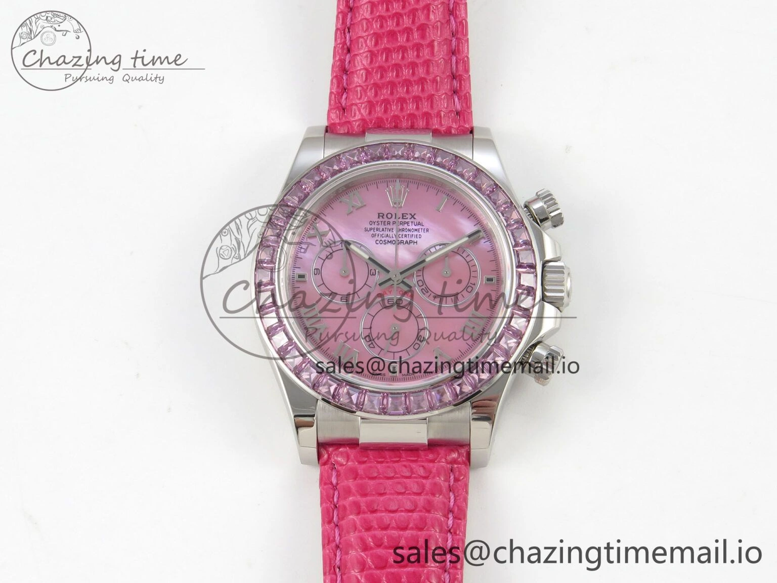 Unique Custom Modded Daytona 40mm MPF Pink Dial Diamonds Bezel on Pink Leather Strap SA 319