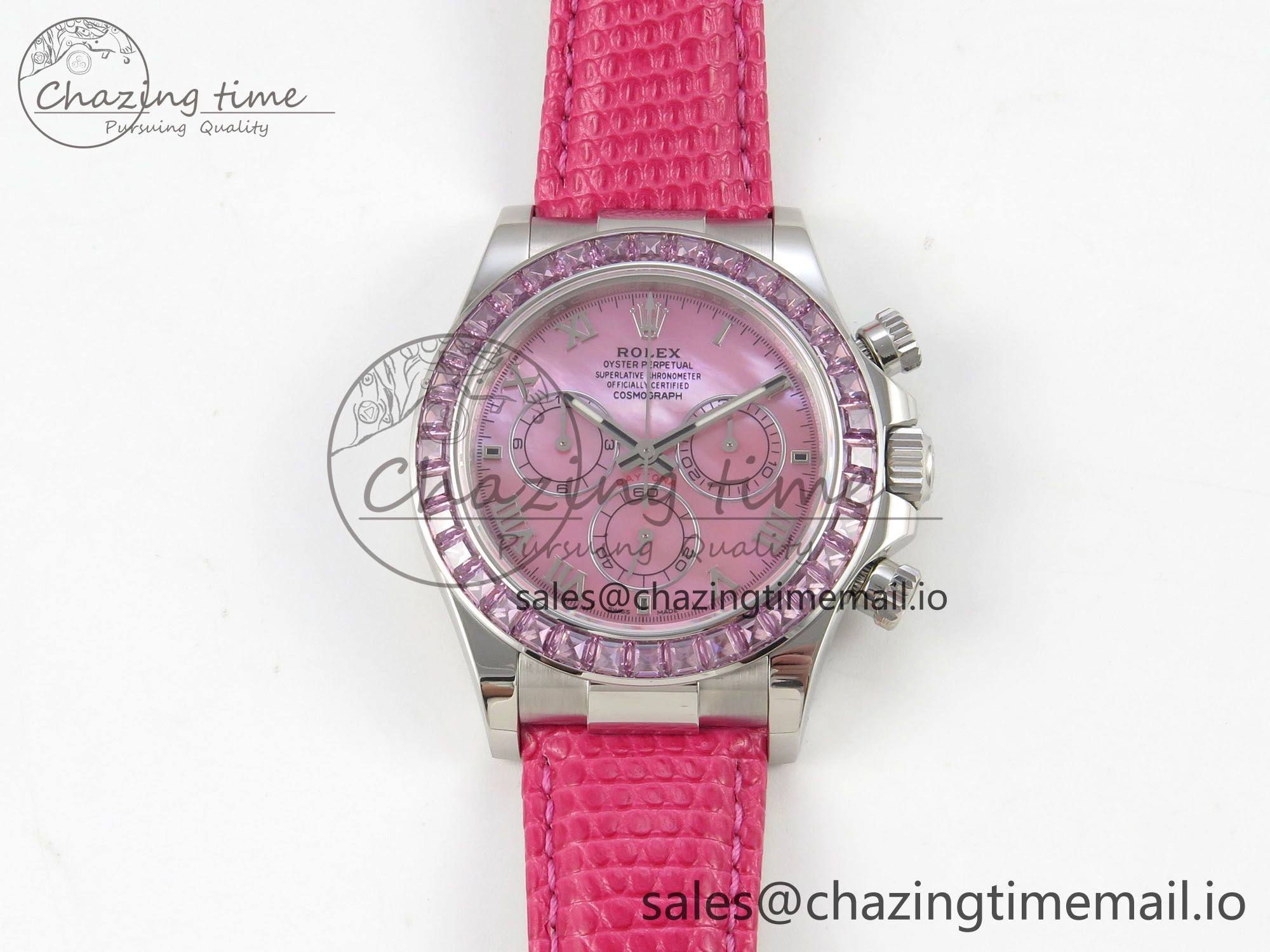 Unique Custom Modded Daytona 40mm MPF Pink Dial Diamonds Bezel on Pink Leather Strap SA 319