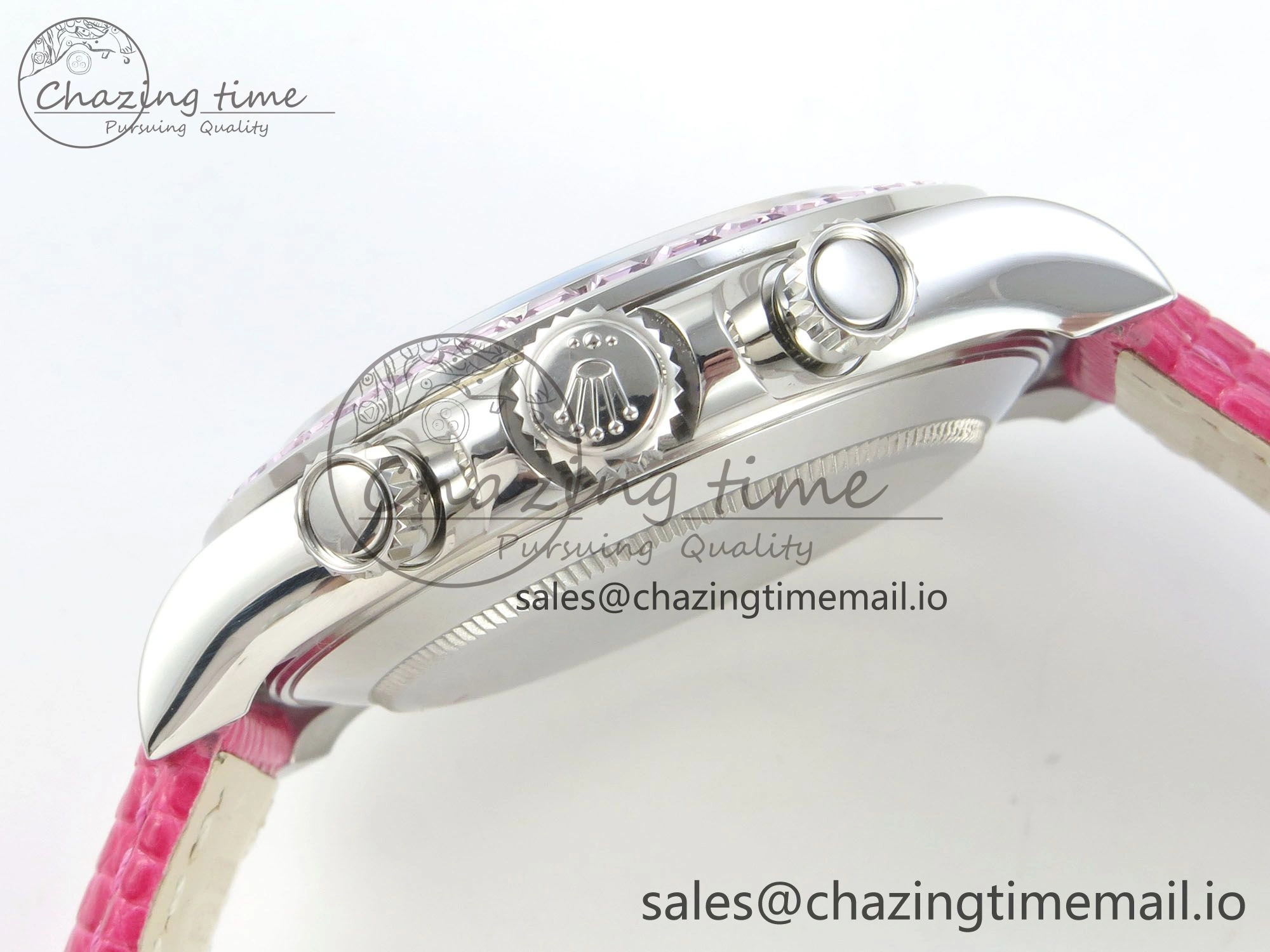 Unique Custom Modded Daytona 40mm MPF Pink Dial Diamonds Bezel on Pink Leather Strap SA 319