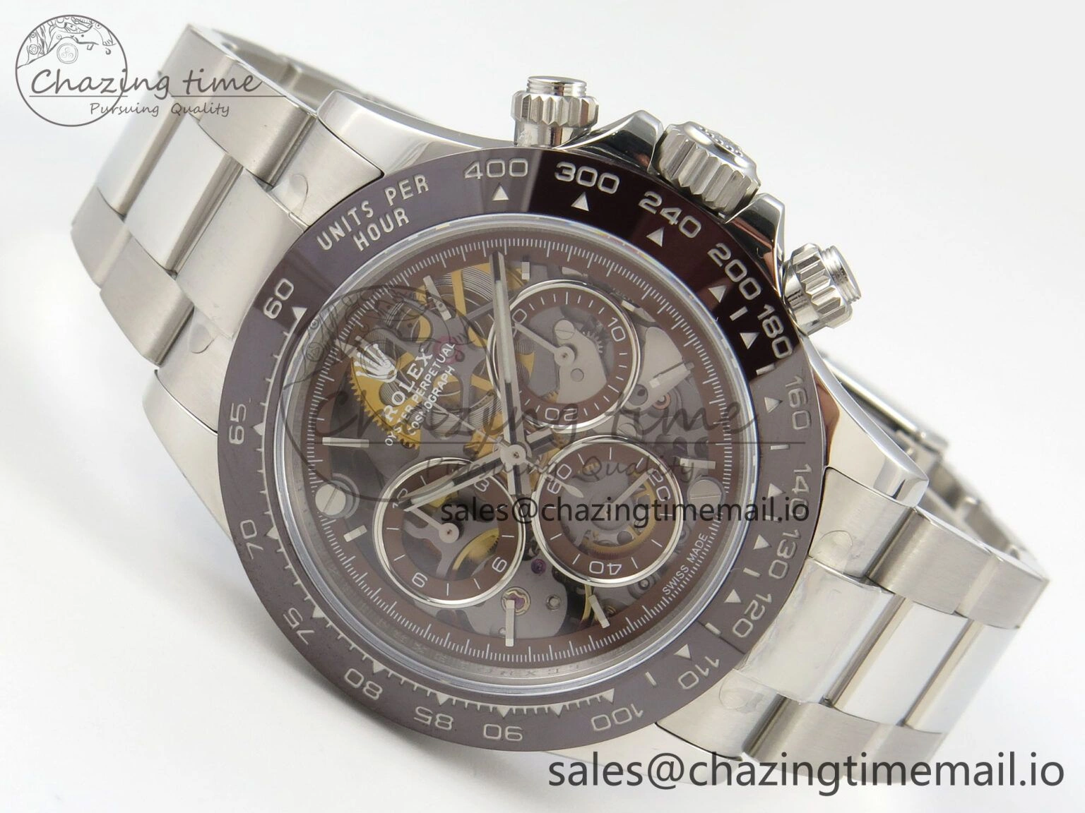 Refined Custom Modded Daytona 40mm MPF Skeleton Dial Brown Ceramic Bezel on SS Bracelet SA 306
