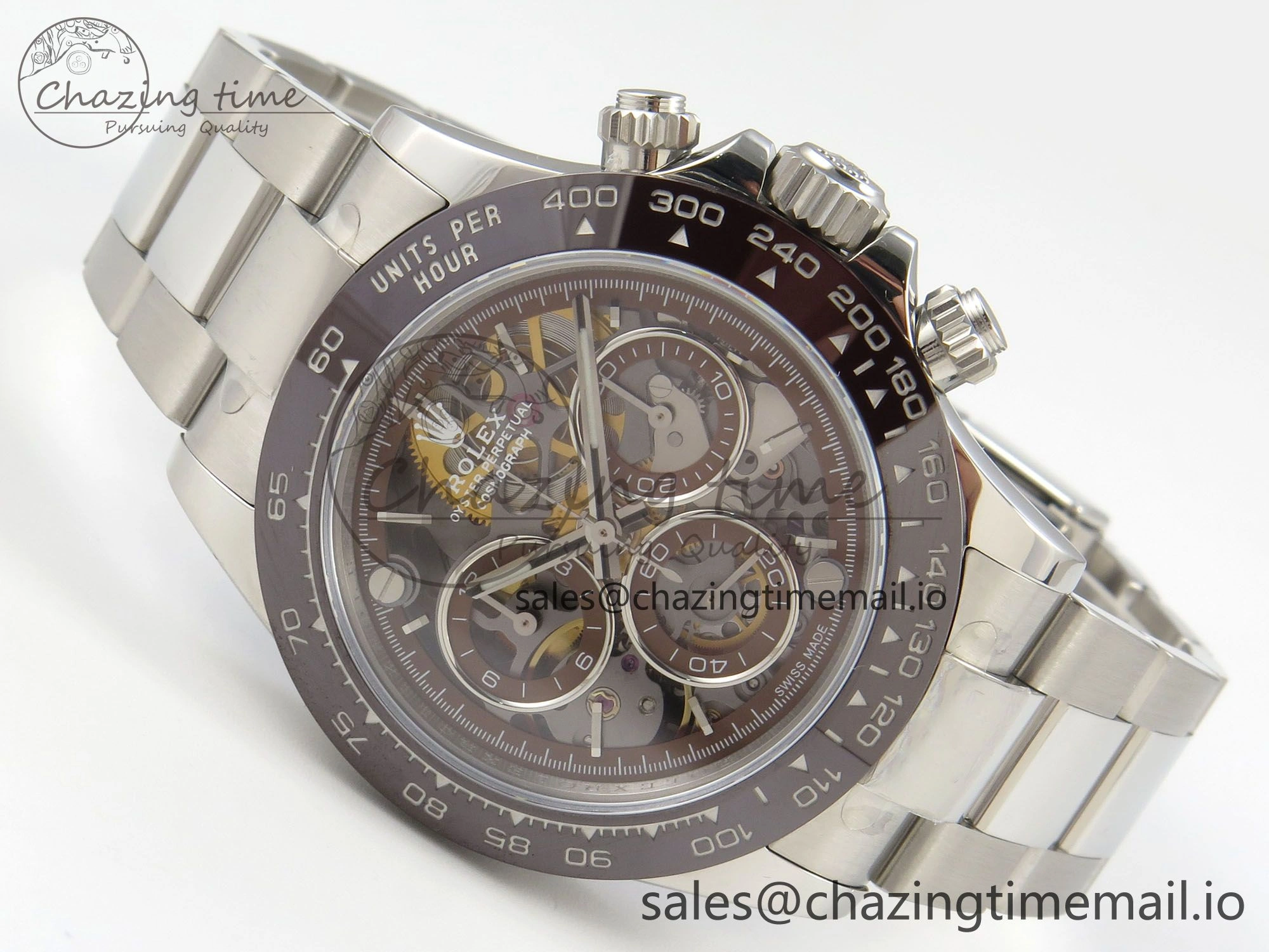Refined Custom Modded Daytona 40mm MPF Skeleton Dial Brown Ceramic Bezel on SS Bracelet SA 306