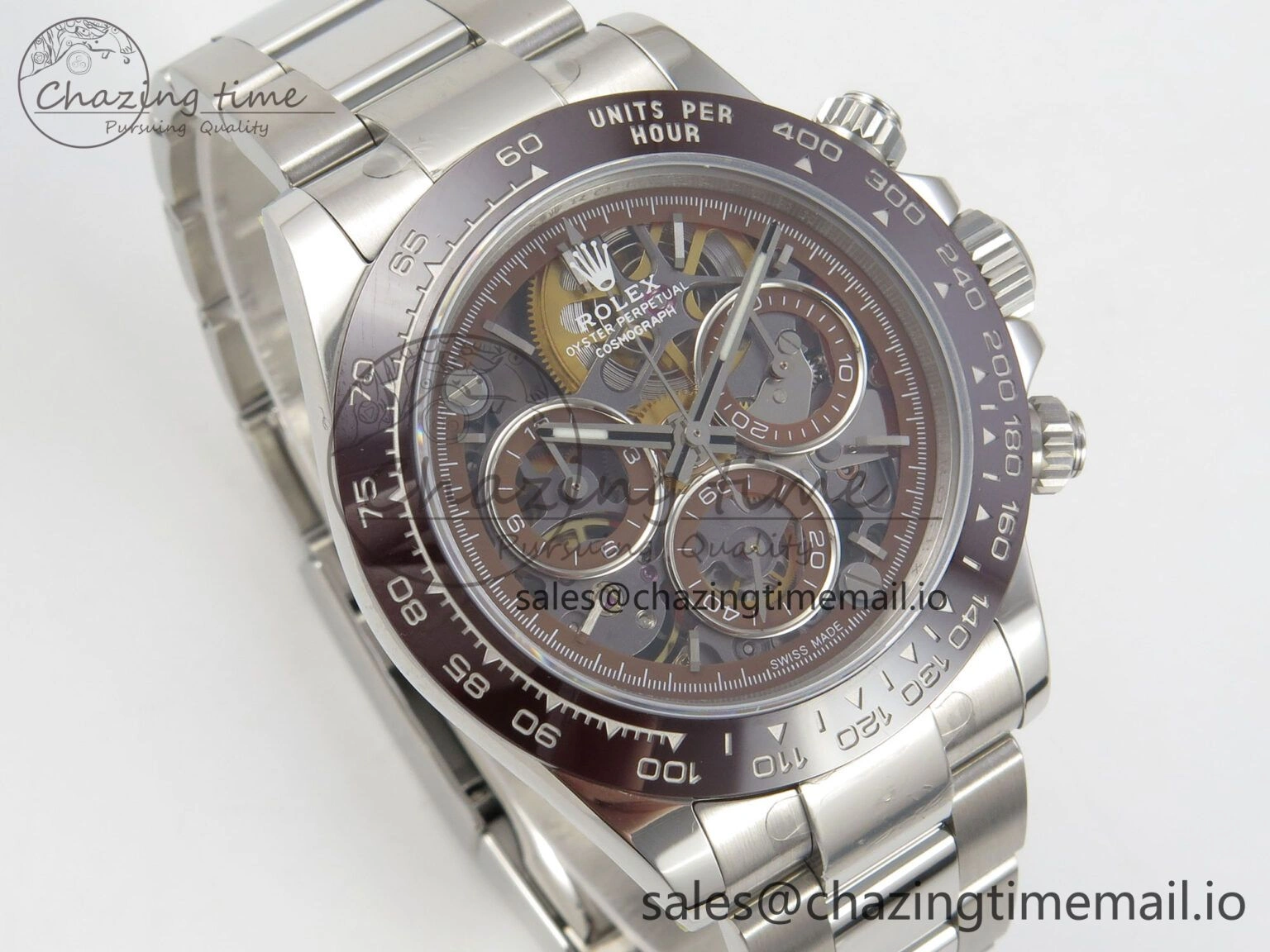 Refined Custom Modded Daytona 40mm MPF Skeleton Dial Brown Ceramic Bezel on SS Bracelet SA 306