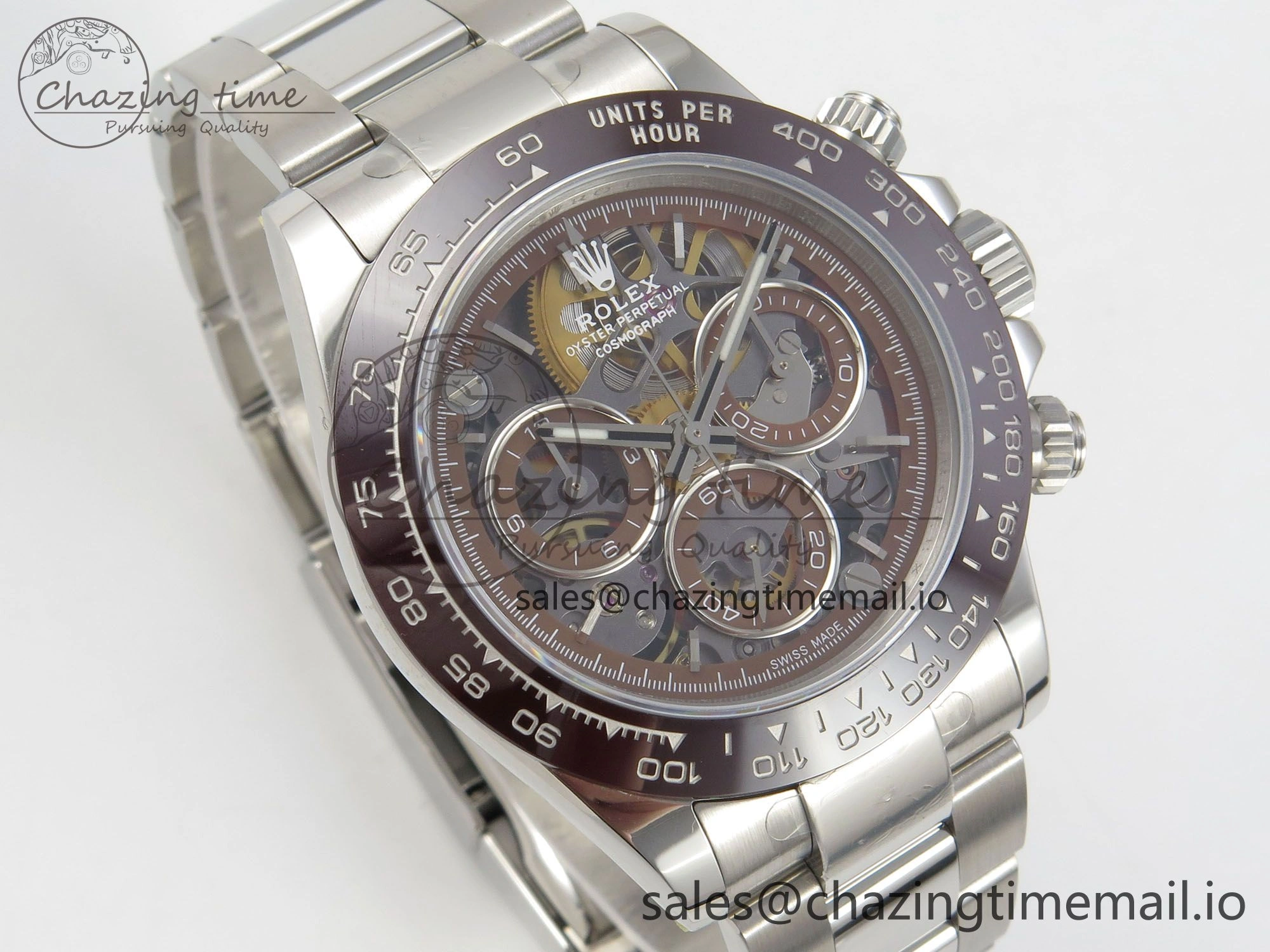 Refined Custom Modded Daytona 40mm MPF Skeleton Dial Brown Ceramic Bezel on SS Bracelet SA 306