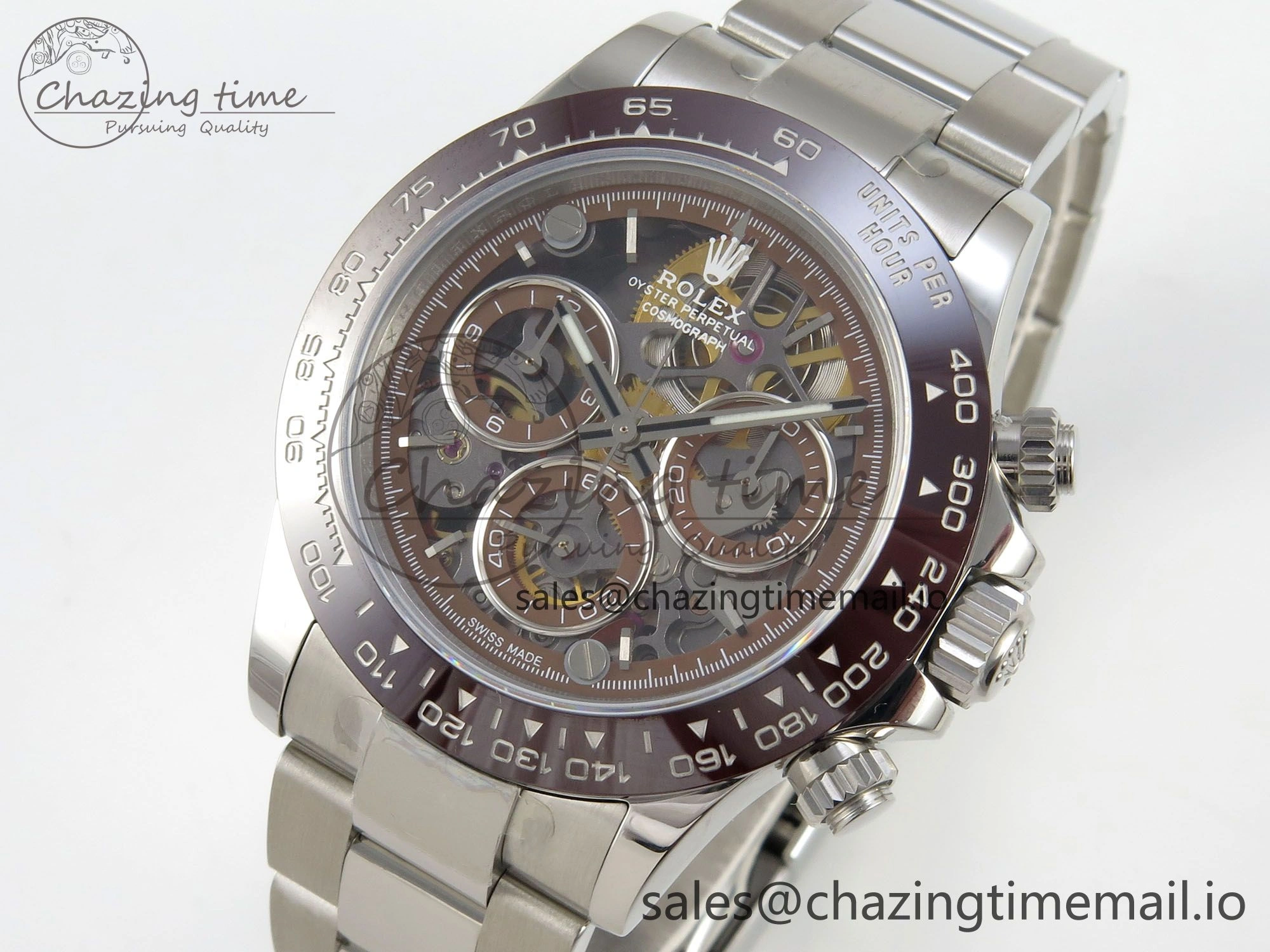 Refined Custom Modded Daytona 40mm MPF Skeleton Dial Brown Ceramic Bezel on SS Bracelet SA 306