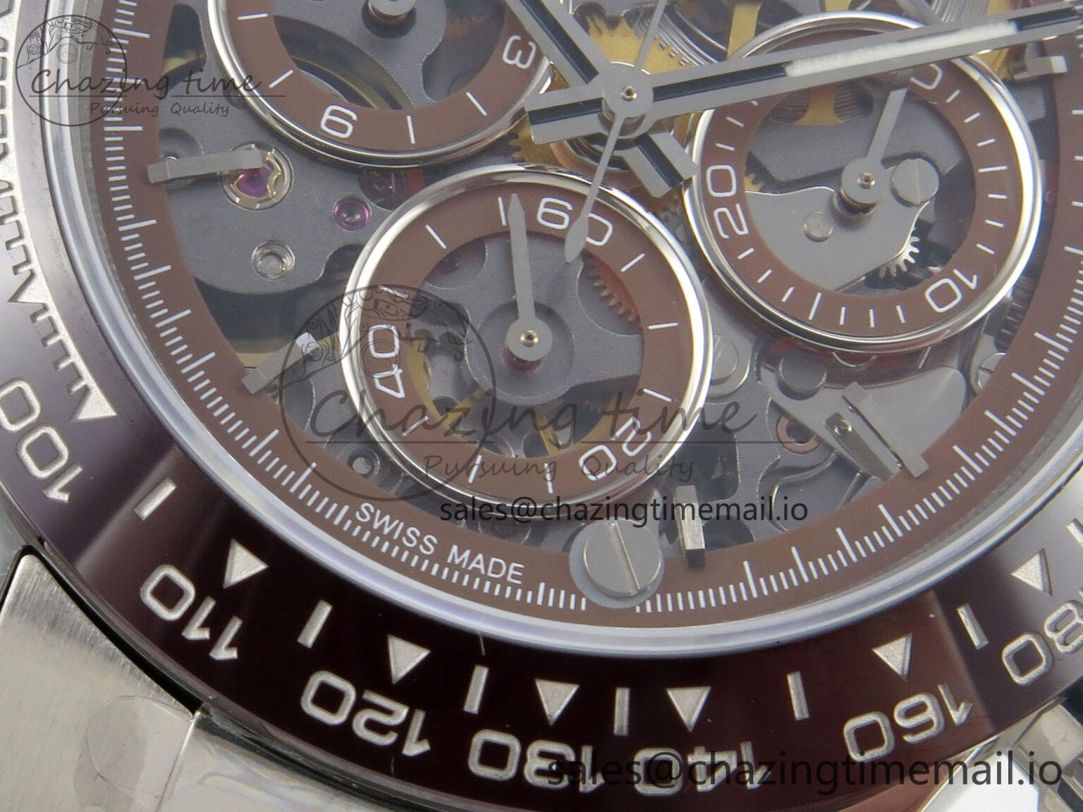 Refined Custom Modded Daytona 40mm MPF Skeleton Dial Brown Ceramic Bezel on SS Bracelet SA 306