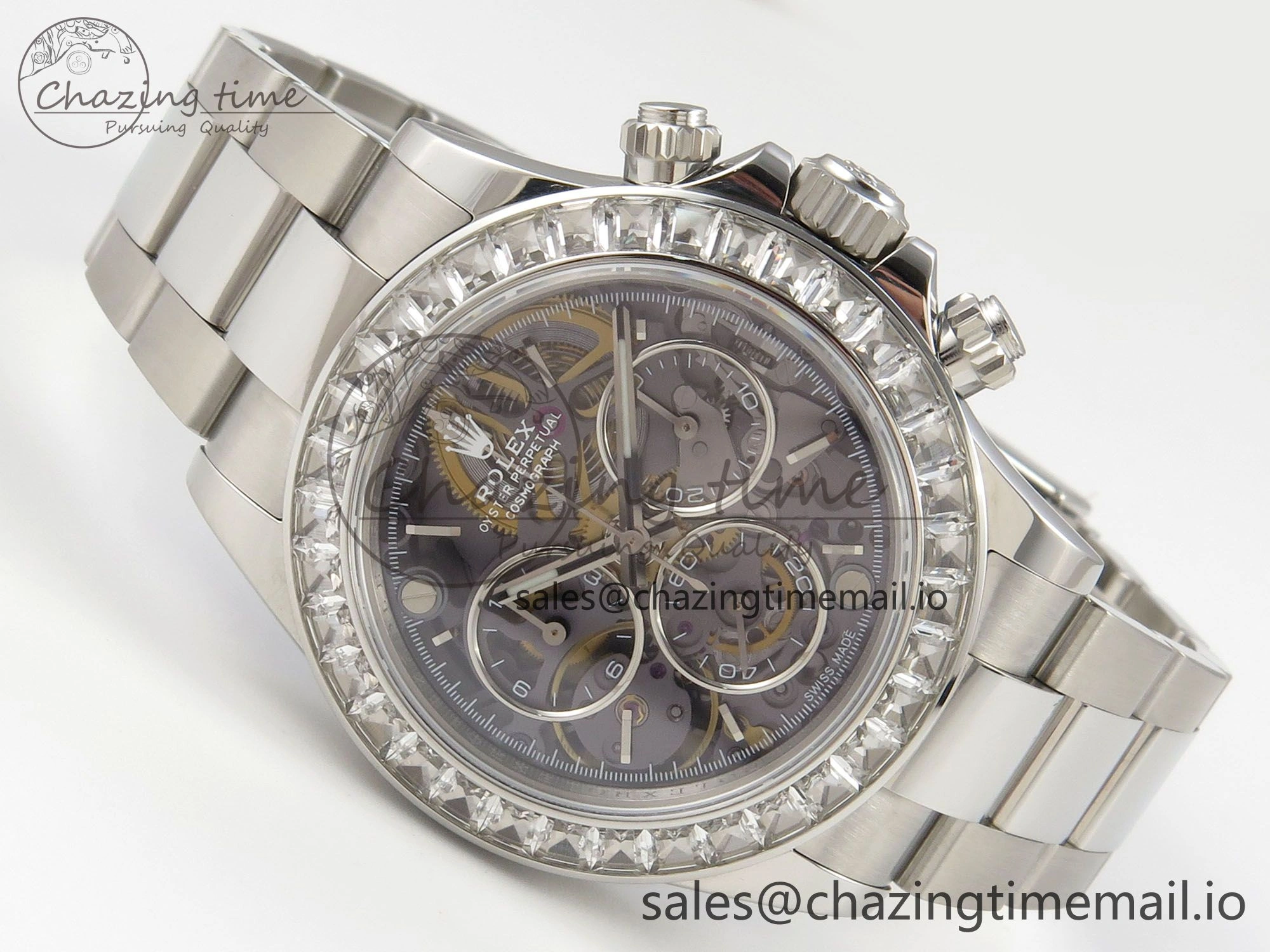 TopPick Custom Modded Daytona 40mm MPF Skeleton Dial Crystal Bezel on SS Bracelet SA 307
