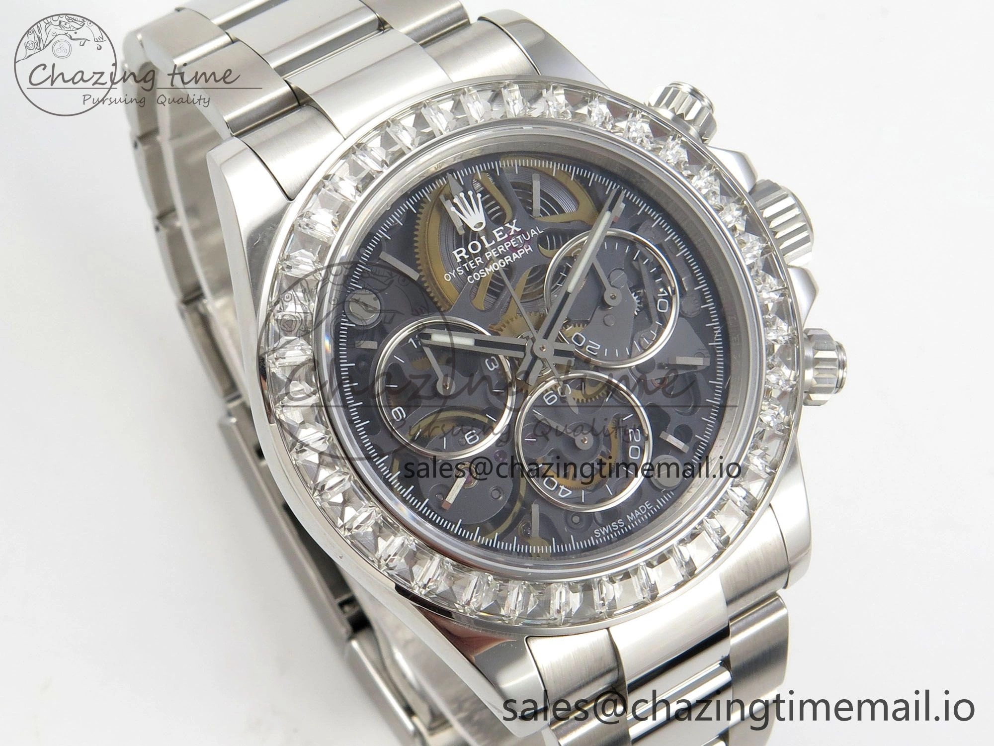 TopPick Custom Modded Daytona 40mm MPF Skeleton Dial Crystal Bezel on SS Bracelet SA 307
