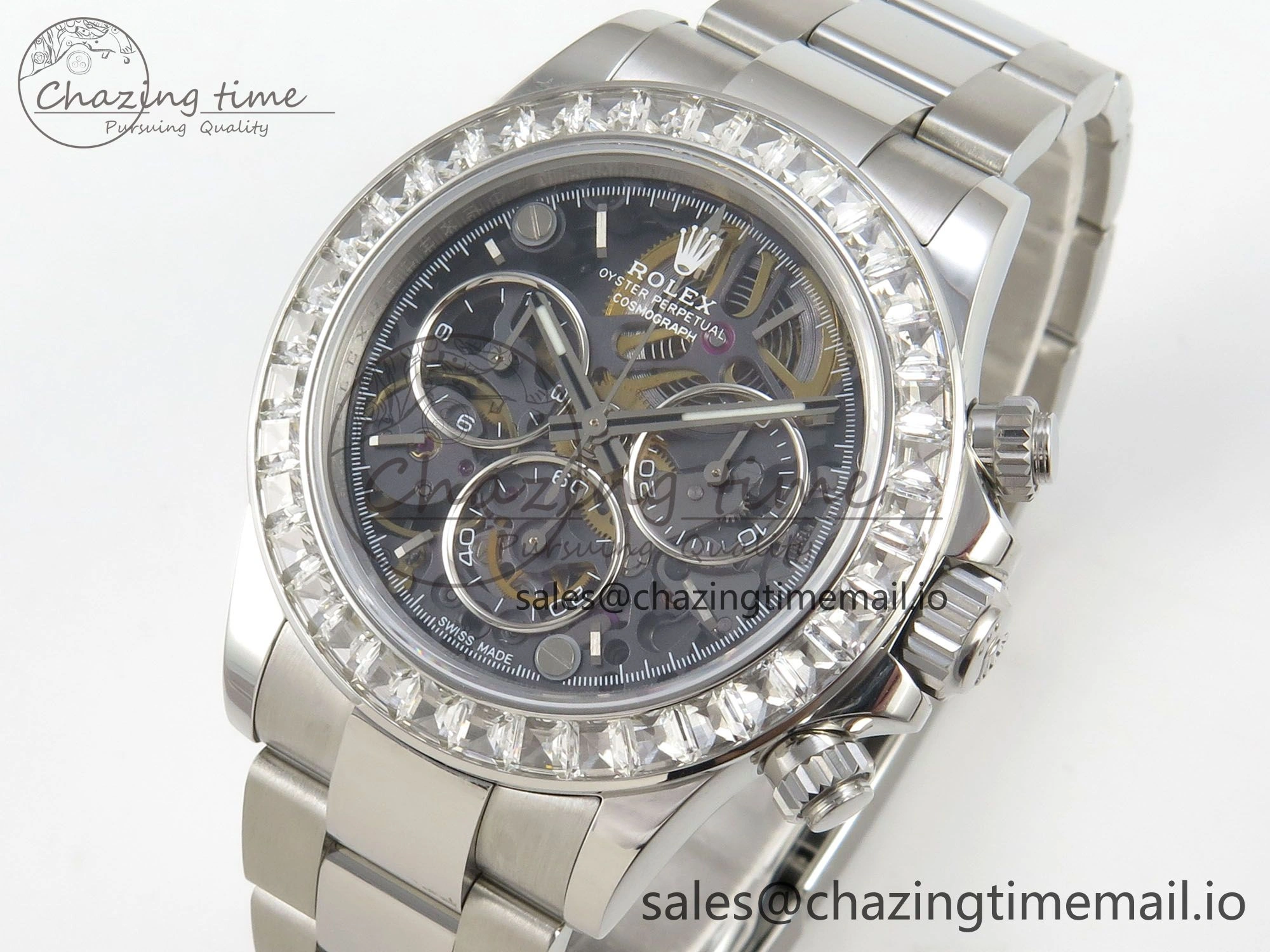 TopPick Custom Modded Daytona 40mm MPF Skeleton Dial Crystal Bezel on SS Bracelet SA 307