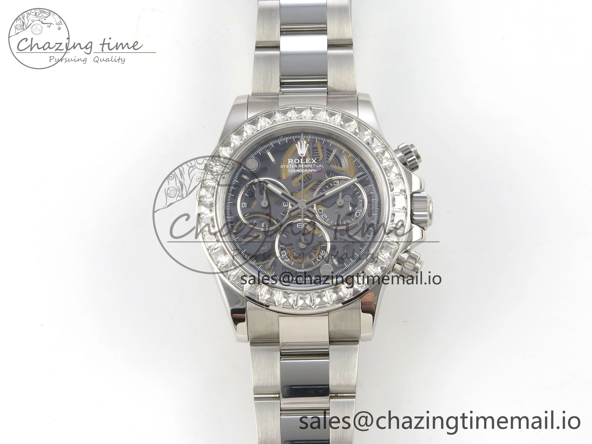 TopPick Custom Modded Daytona 40mm MPF Skeleton Dial Crystal Bezel on SS Bracelet SA 307