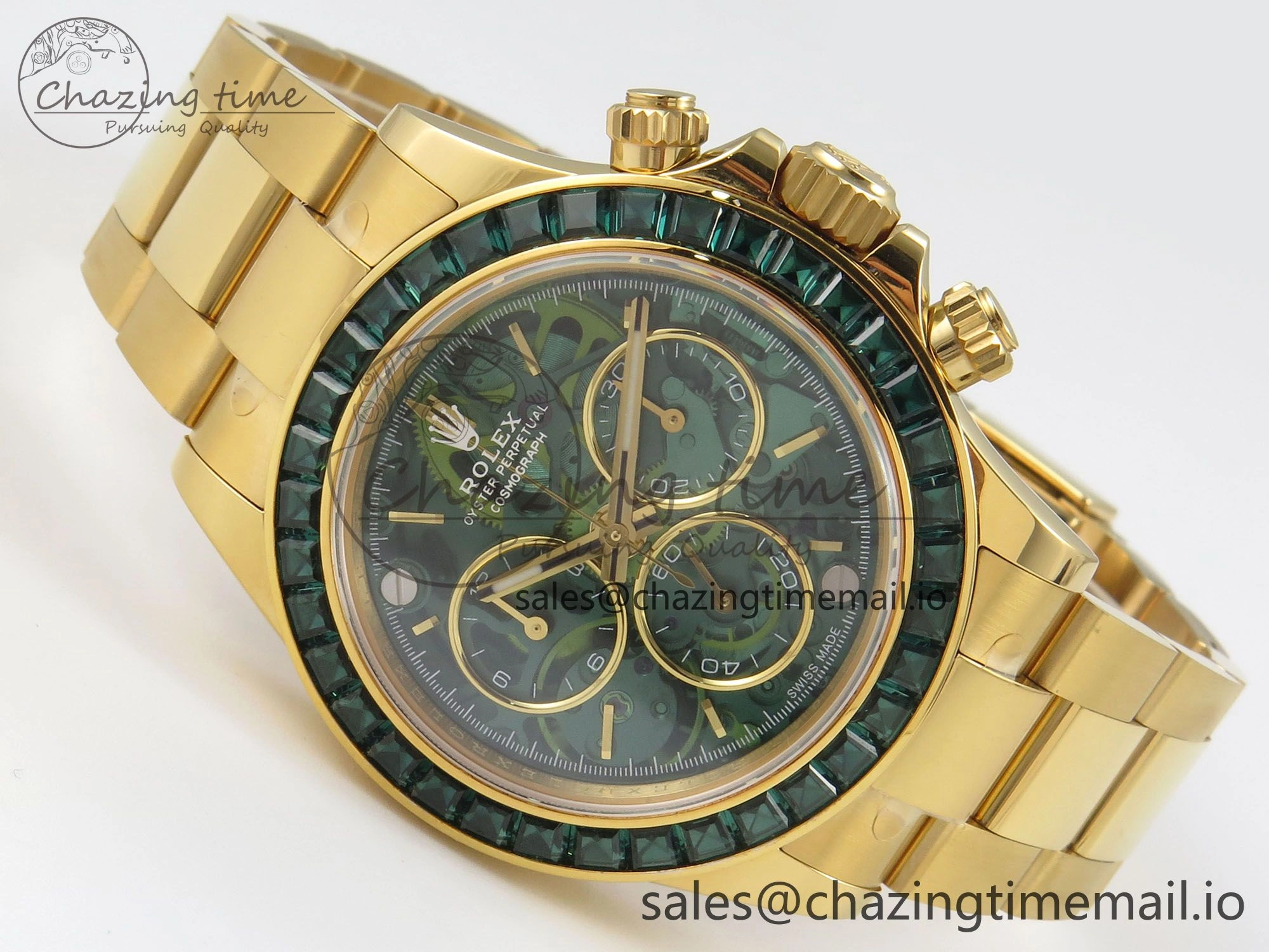 Custom Modded Daytona 40mm MPF Skeleton Dial Green Crystals Bezel on YG Bracelet SA Efficient 310